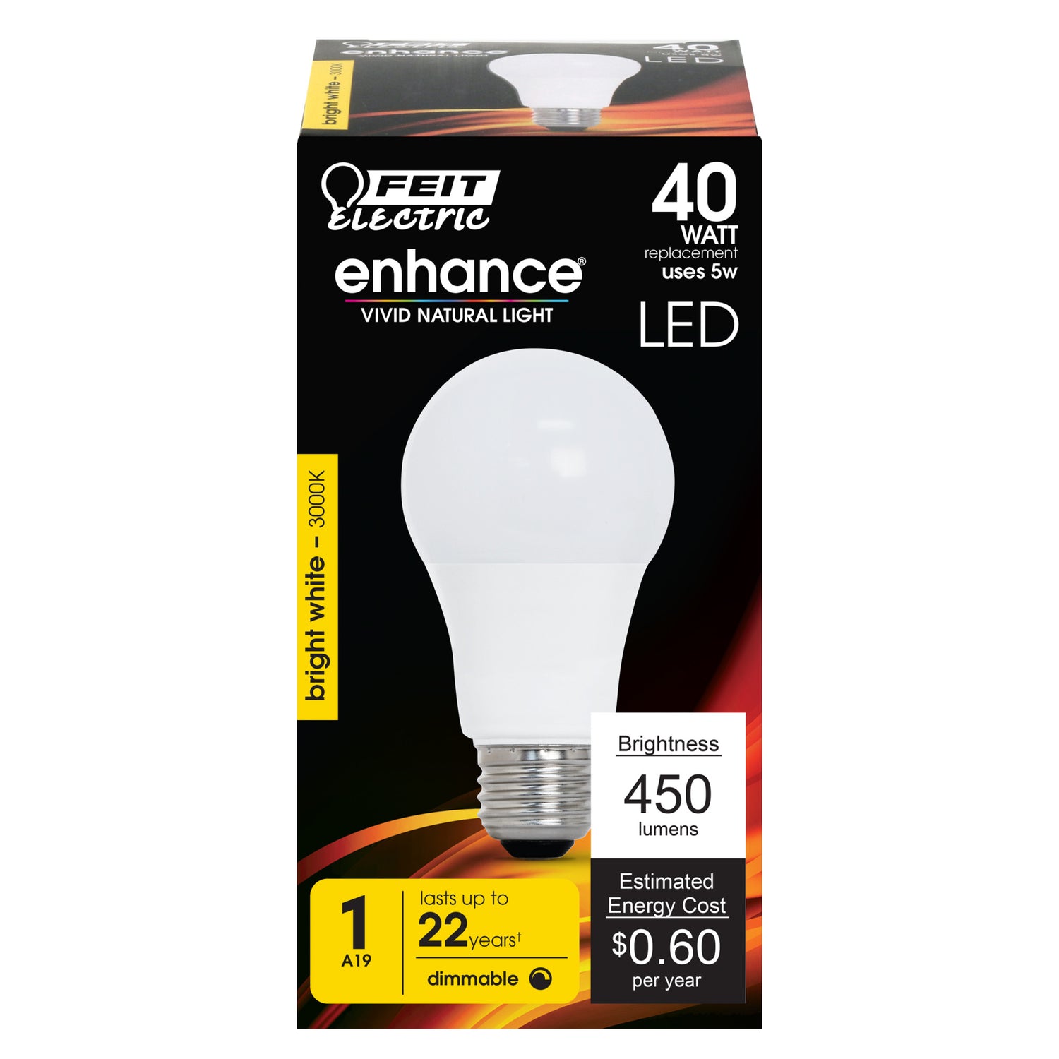5W (40W Replacement) Bright White (3000K) E26 Base A19 Dimmable General Purpose LED - Feit Electric