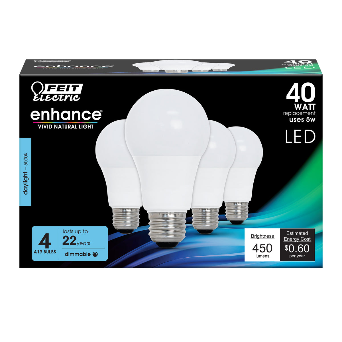 5W (40W Replacement) Daylight (5000K) A19 Dimmable General Purpose LED (4-Pack)