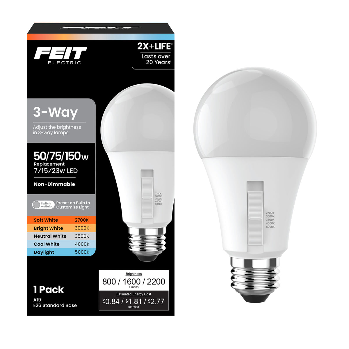 7/15/23W (50/75/150W Replacement) Adjustable White E26 Base A19 Non-Dimmable 3-Way Switch LED Bulb