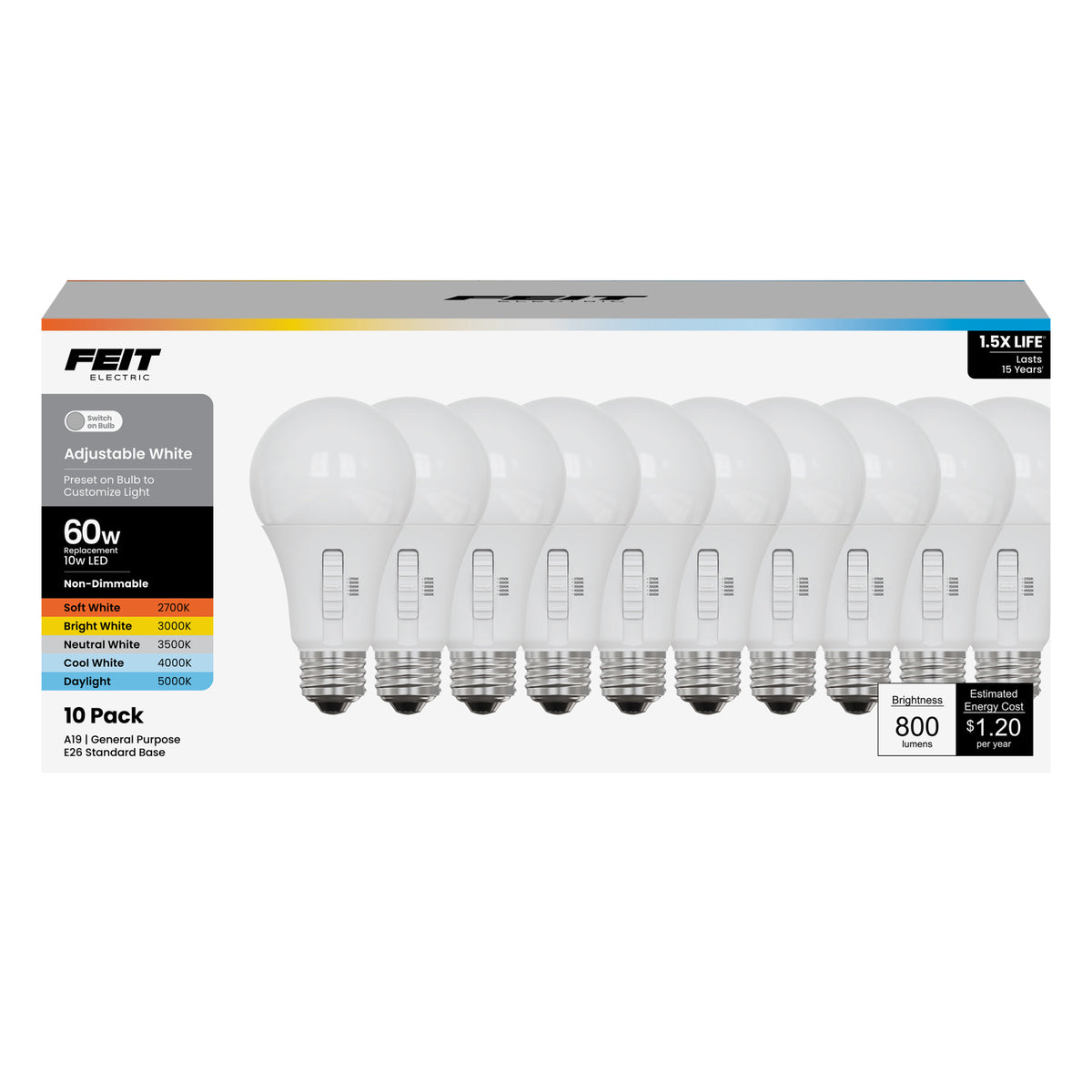 10W (60W Replacement) Adjustable White E26 Base A19 LED Bulb (10-Pack)