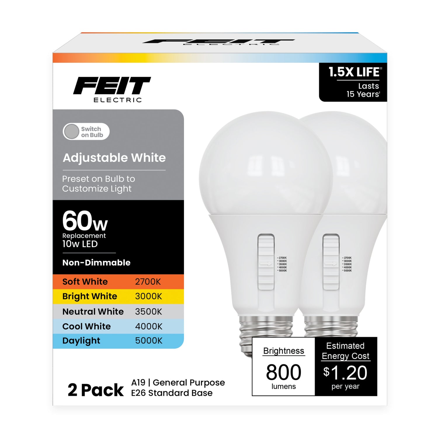 10W (60W Replacement) Adjustable White E26 Base A19 LED Bulb (2-Pack)