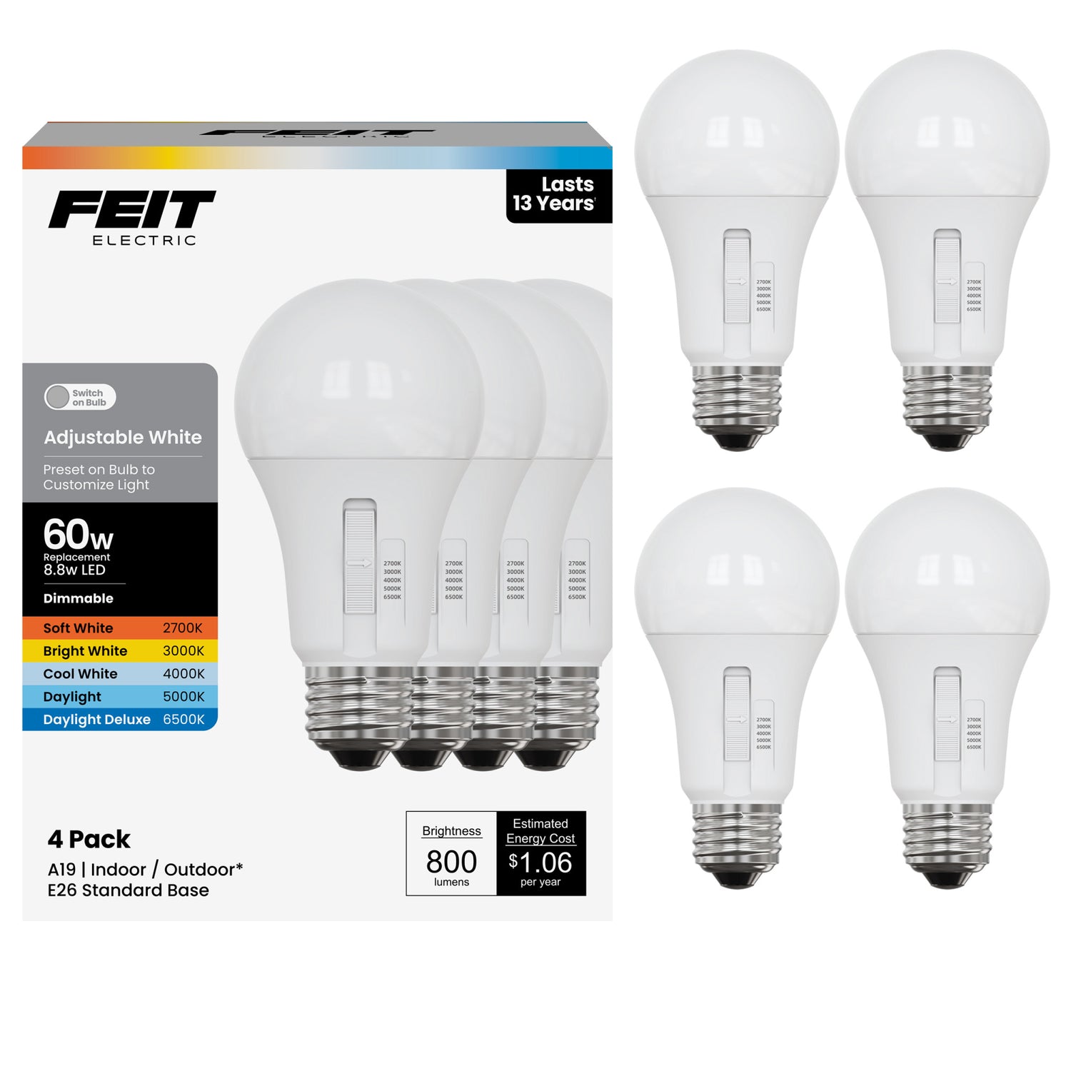 8.8W (60W Replacement) Adjustable White E26 Base A19 Dimmable LED Bulb (4-Pack)