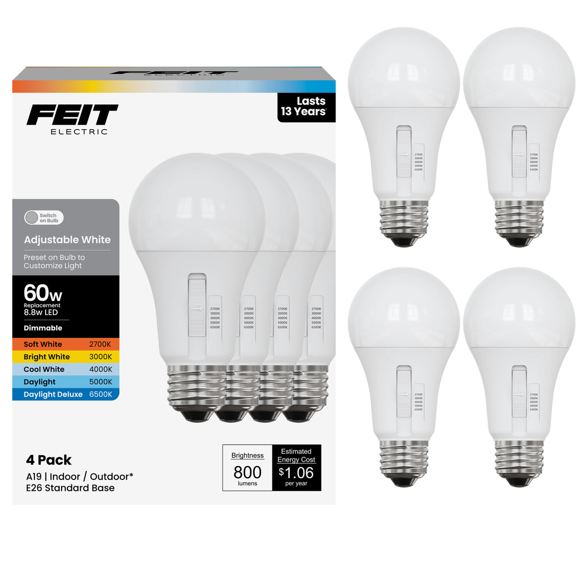 8.8W (60W Replacement) Adjustable White E26 Base A19 Dimmable LED Bulb (4-Pack)