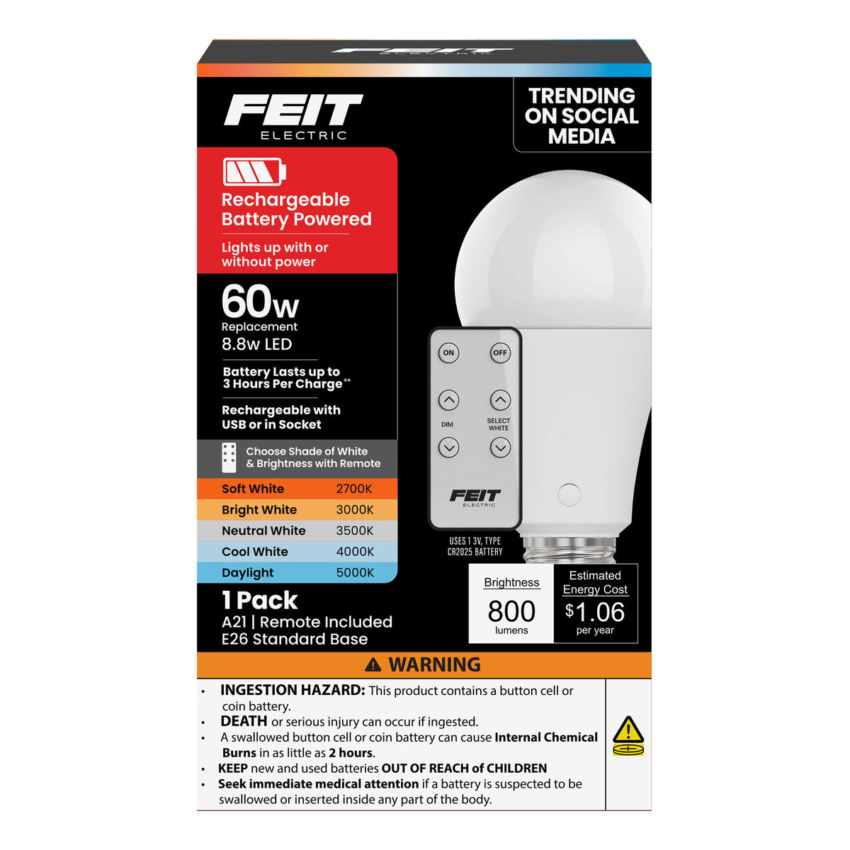 8.8W (60W Replacement) Adjustable White Rechargeable Battery-Powered LED Bulb with Remote
