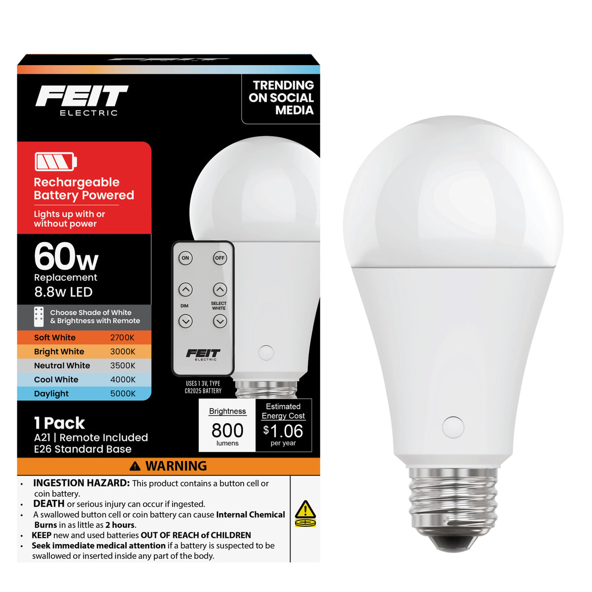 8.8W (60W Replacement) Adjustable White Rechargeable Battery-Powered LED Bulb with Remote
