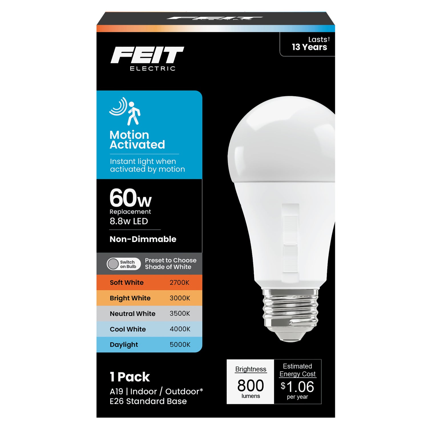 8.8W (60W Replacement) Adjustable White E26 Base Motion Sensor LED Bulb
