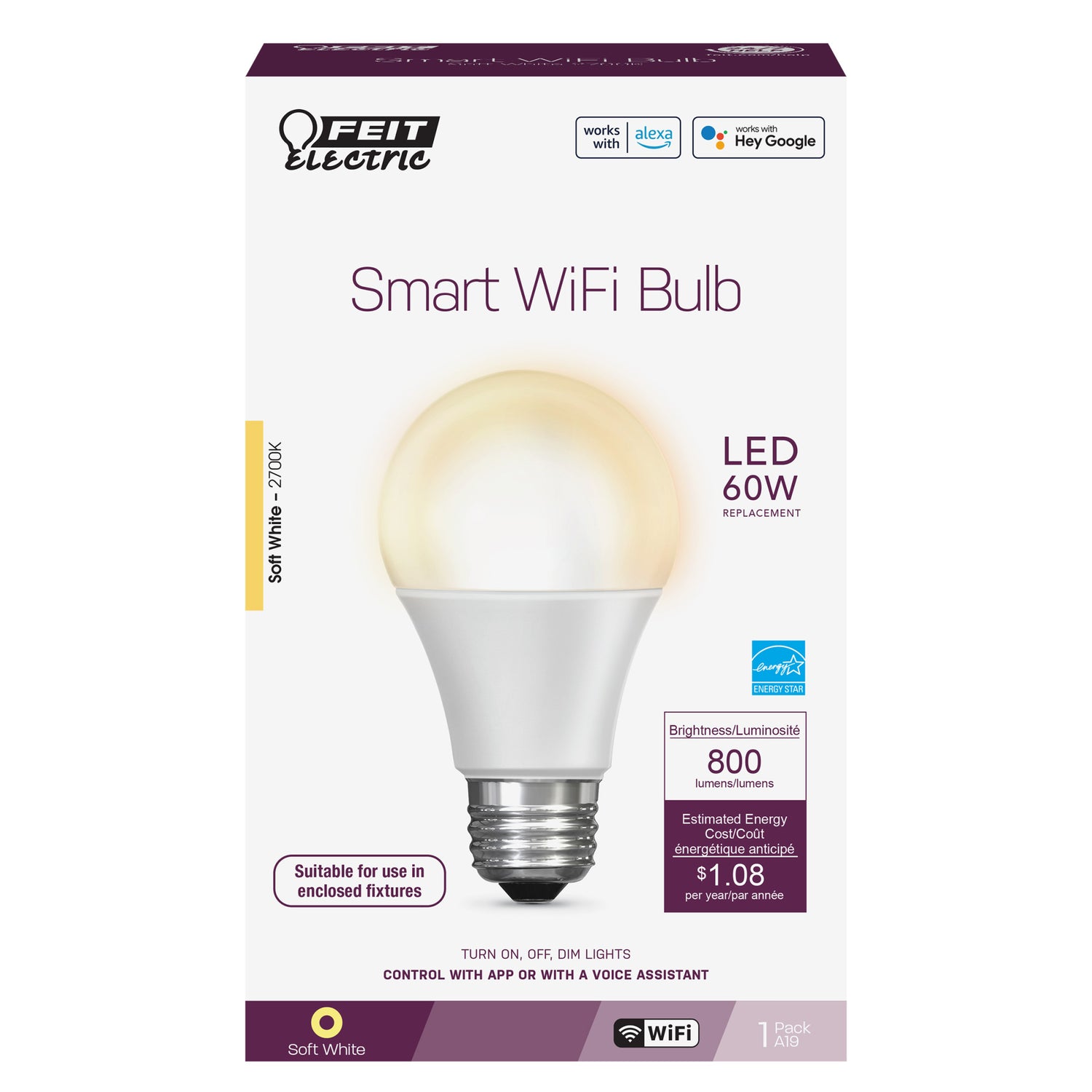 9W (60W Replacement) Soft White (2700K) E26 Base A19 LED Alexa Google Smart Bulb