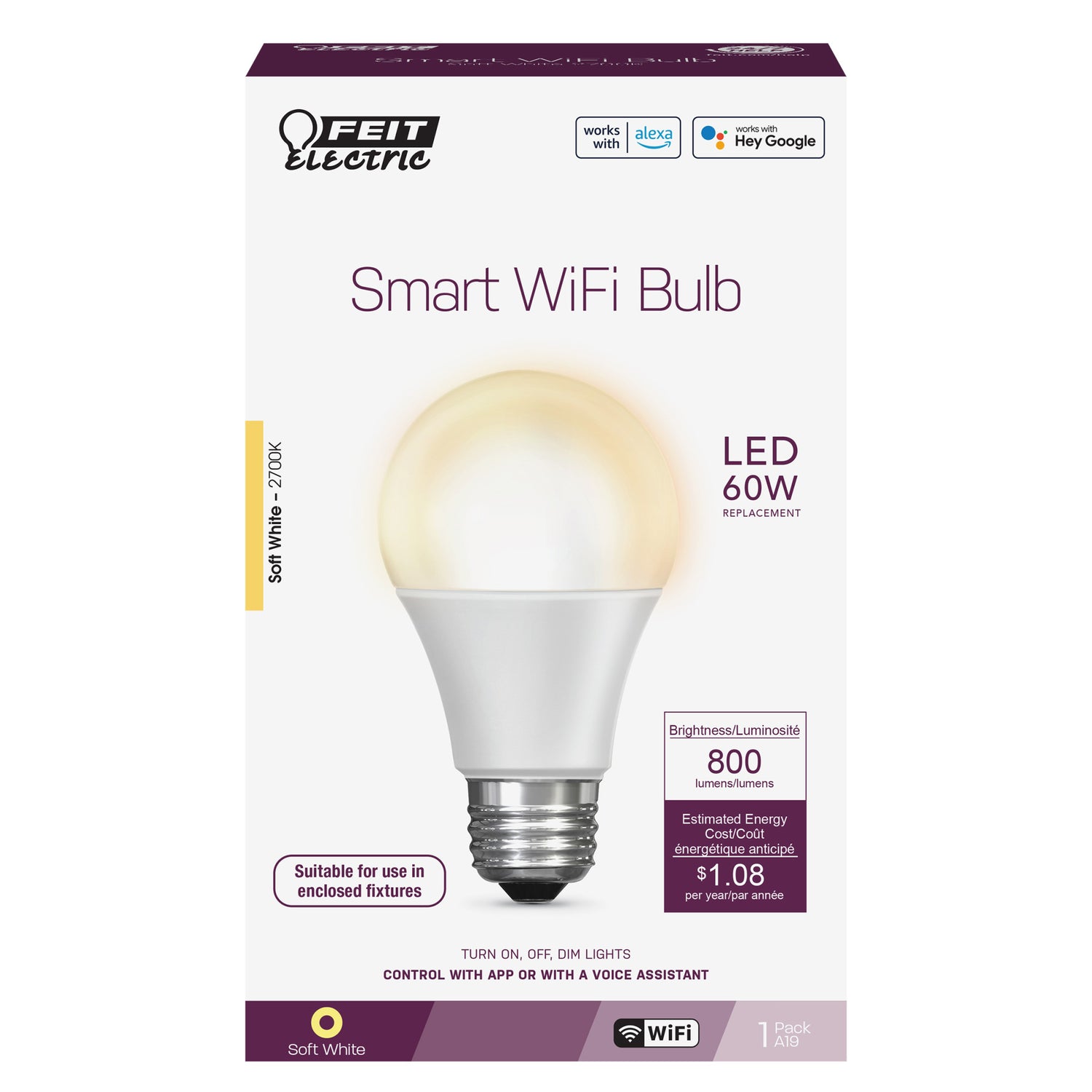 9W (60W Replacement) Soft White (2700K) E26 Base A19 LED Alexa Google Smart Wi-Fi Bulb