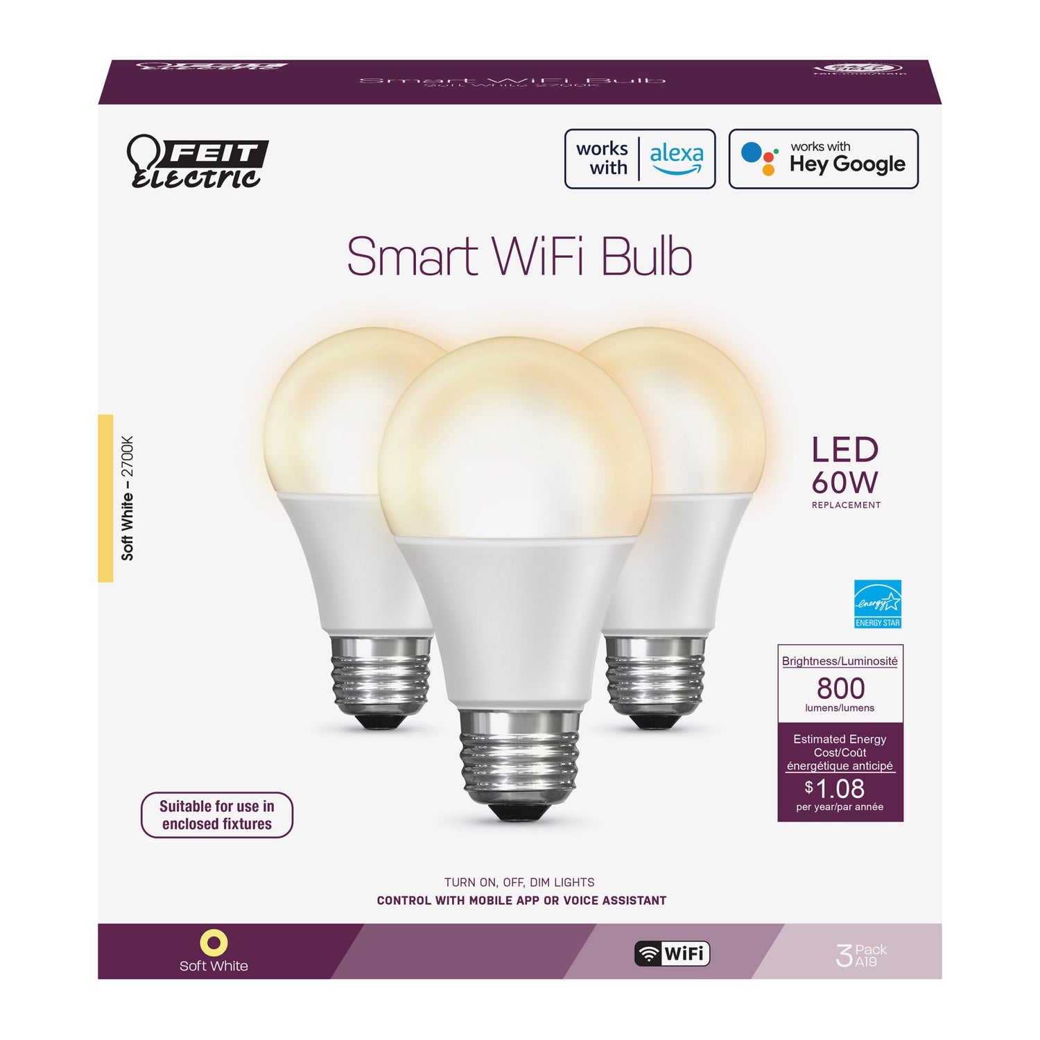 9W (60W Replacement) Soft White (2700K) A19 LED Alexa Google Smart Wi-Fi Bulb (3-Pack)