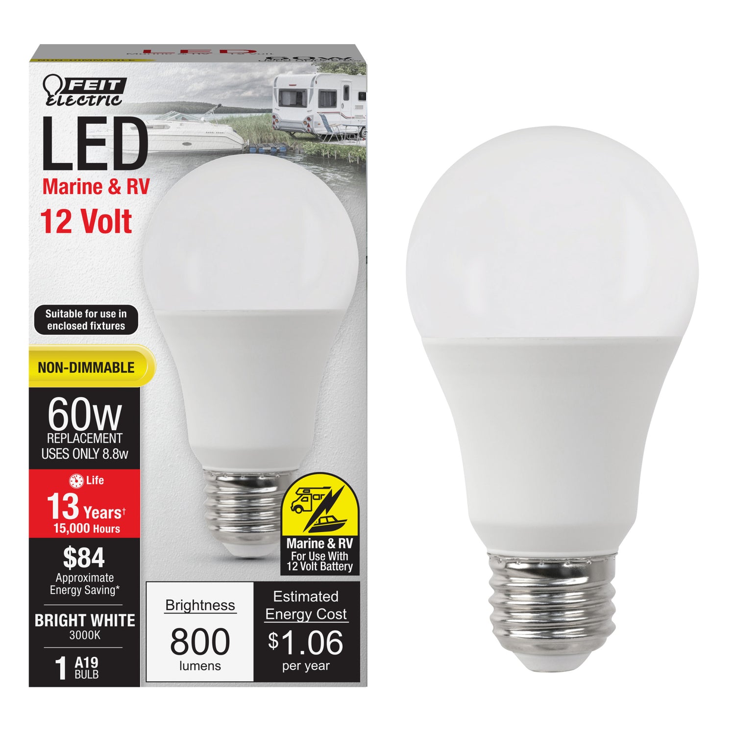 8.8W (60W Replacement) Bright White (3000K) A19 12V Marine and RV LED