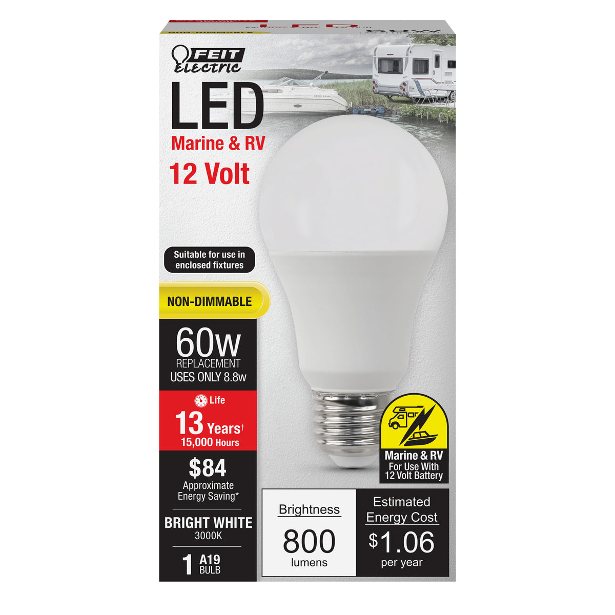 8.8W (60W Replacement) Bright White (3000K) A19 12V Marine and RV LED