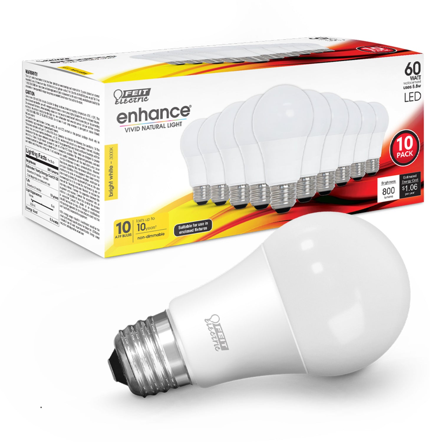 8.8W (60W Replacement) Bright White (3000K) A19 General Purpose LED (10-Pack)