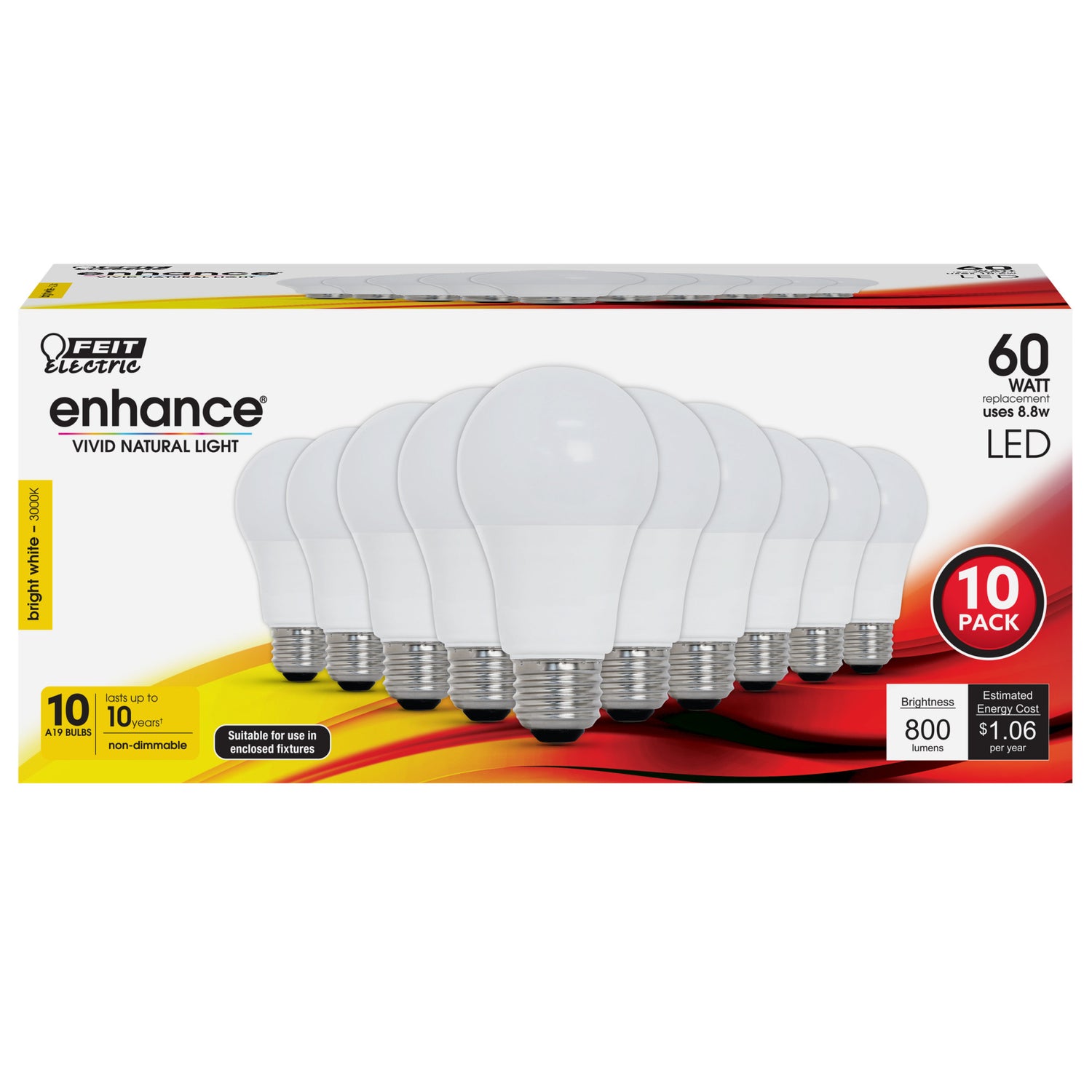 8.8W (60W Replacement) Bright White (3000K) A19 General Purpose LED (10-Pack)