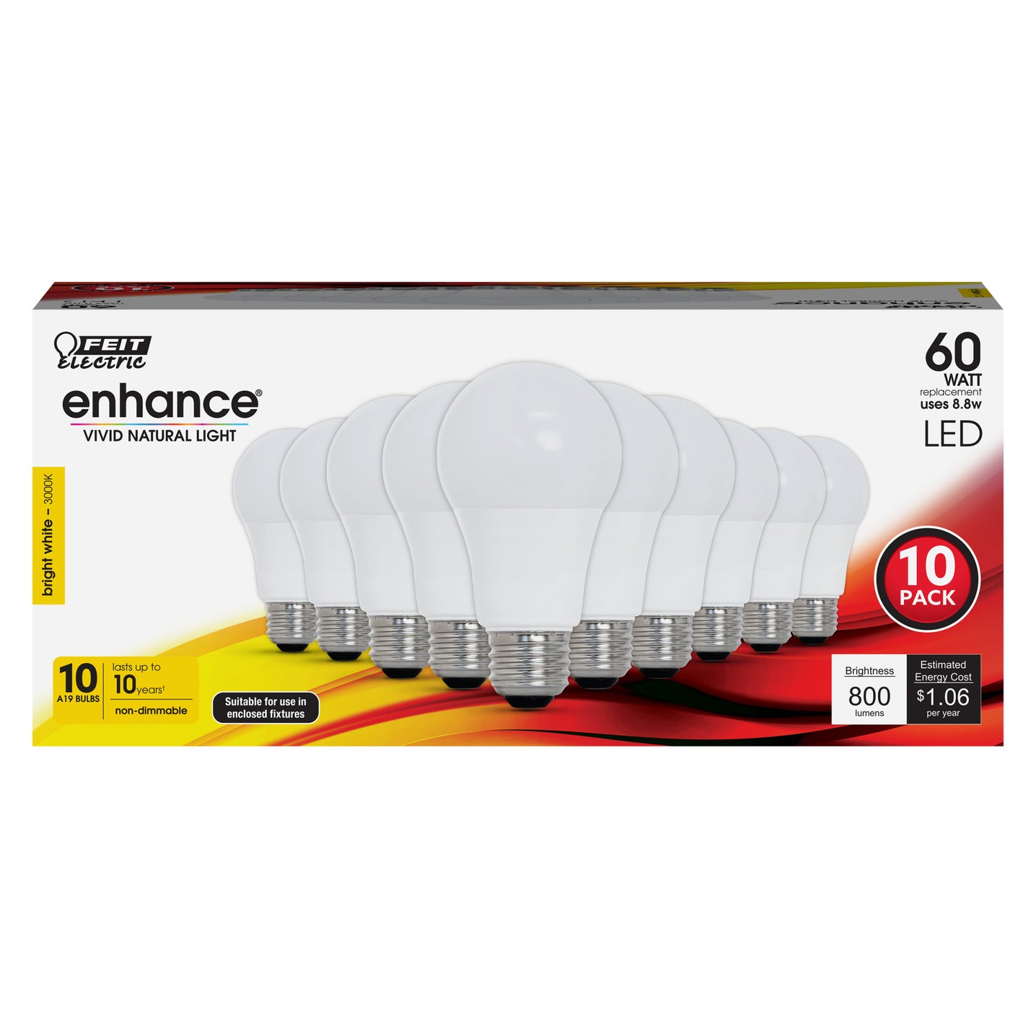 8.8W (60W Replacement) Bright White (3000K) A19 General Purpose LED (10-Pack)