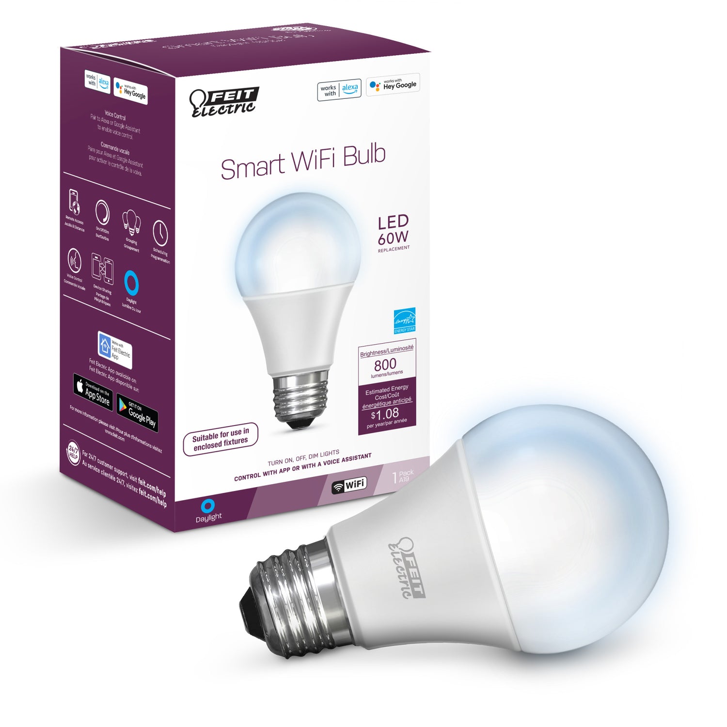 9W (60W Replacement) Daylight (5000K) E26 Base A19 Dimmable Alexa Google Smart Wi-Fi LED Light Bulb