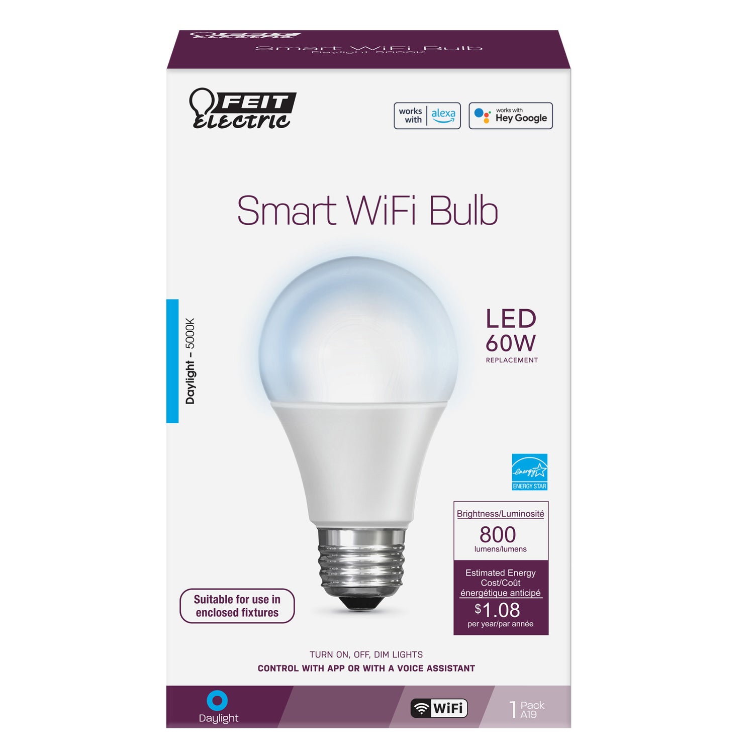 9W (60W Replacement) Daylight (5000K) E26 Base A19 Dimmable Alexa Google Smart Wi-Fi LED Light Bulb