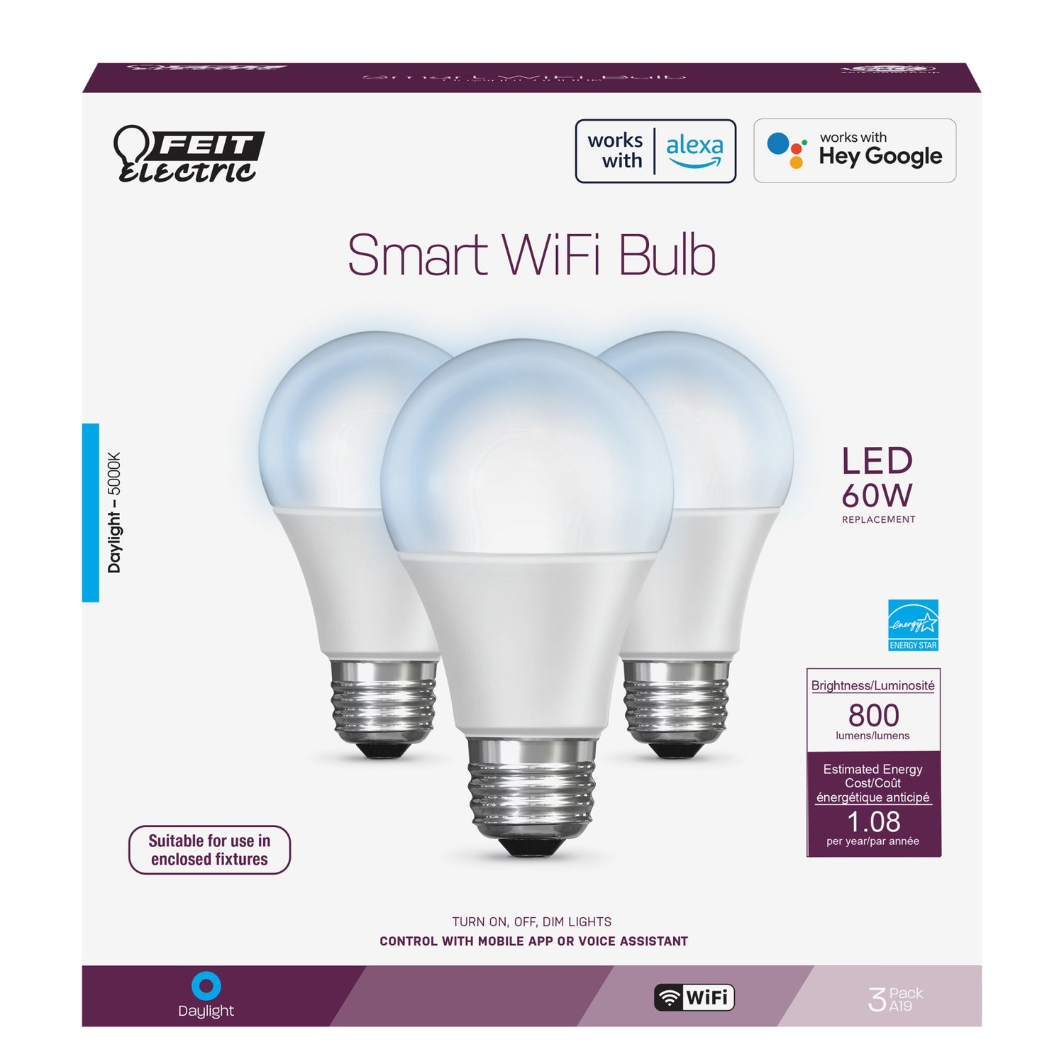 9W (60W Replacement) Daylight (5000K) E26 Base A19 Smart WiFi Bulb (3-Pack)