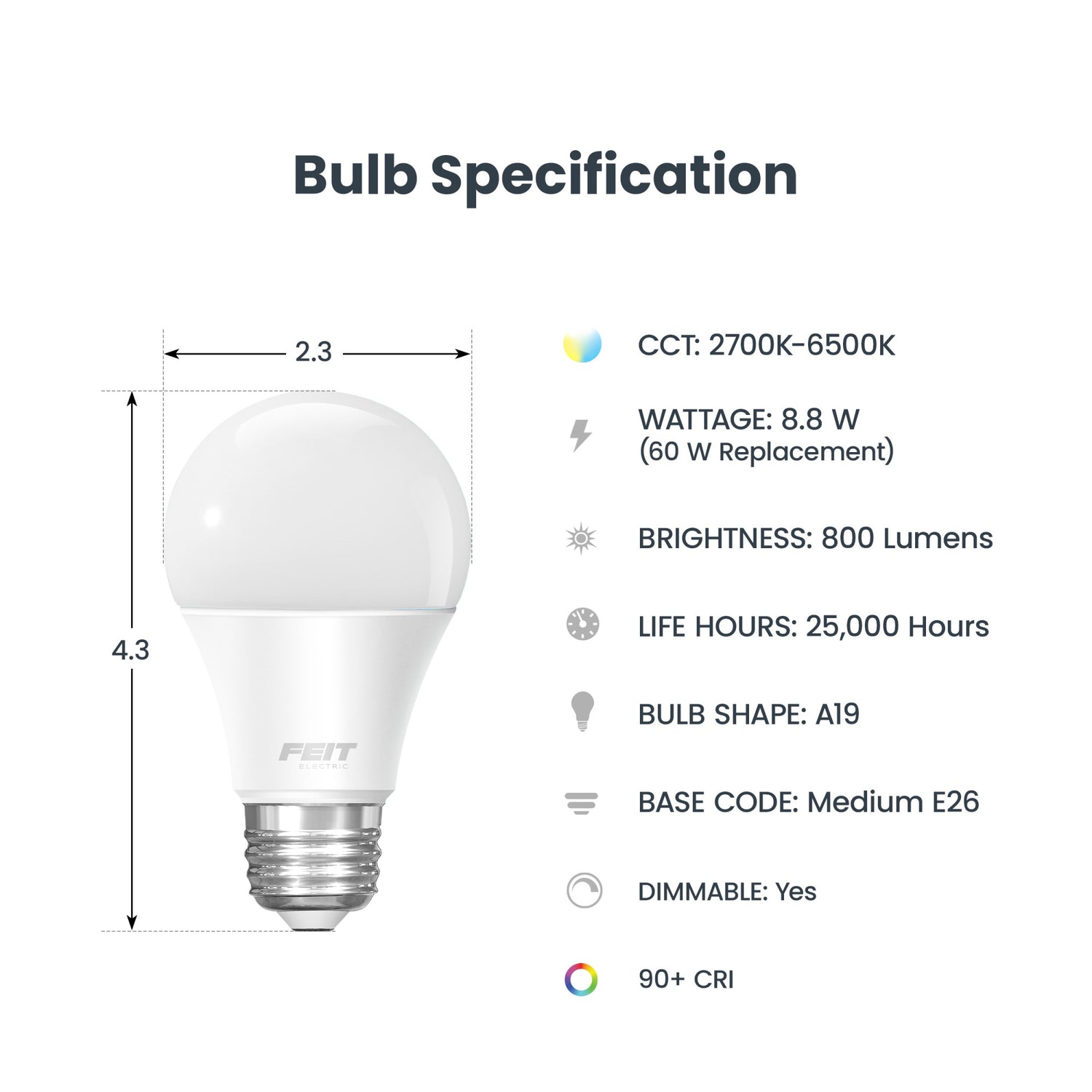 8.8W (60W Replacement) Tunable White E26 Base A19 Smart WiFi LED Light Bulb (3-Pack)