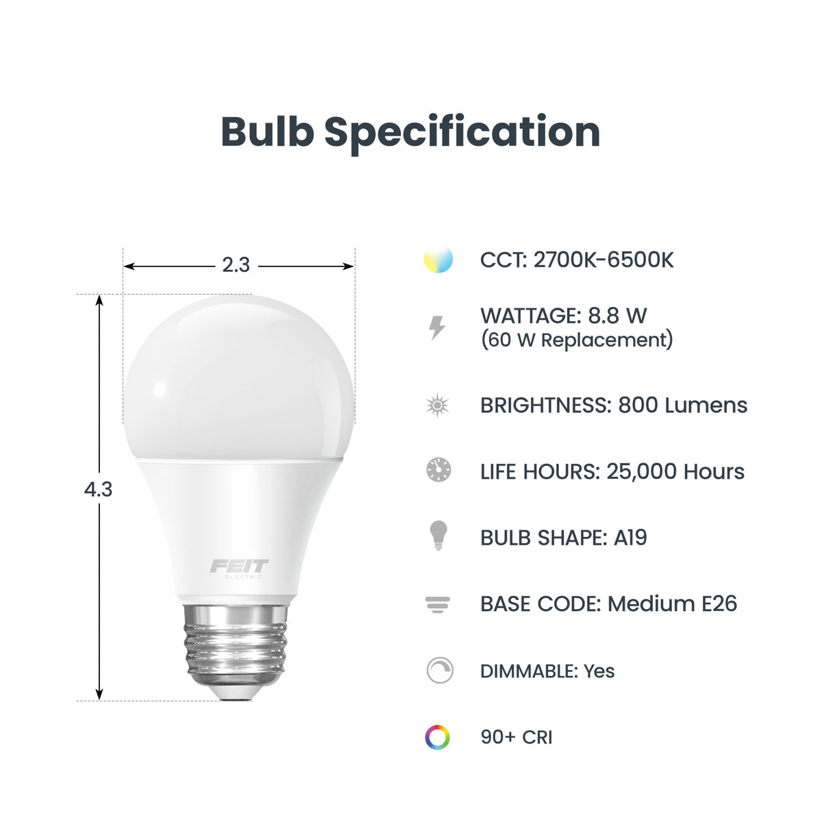 8.8W (60W Replacement) Tunable White E26 Base A19 Smart WiFi LED Light Bulb (3-Pack)