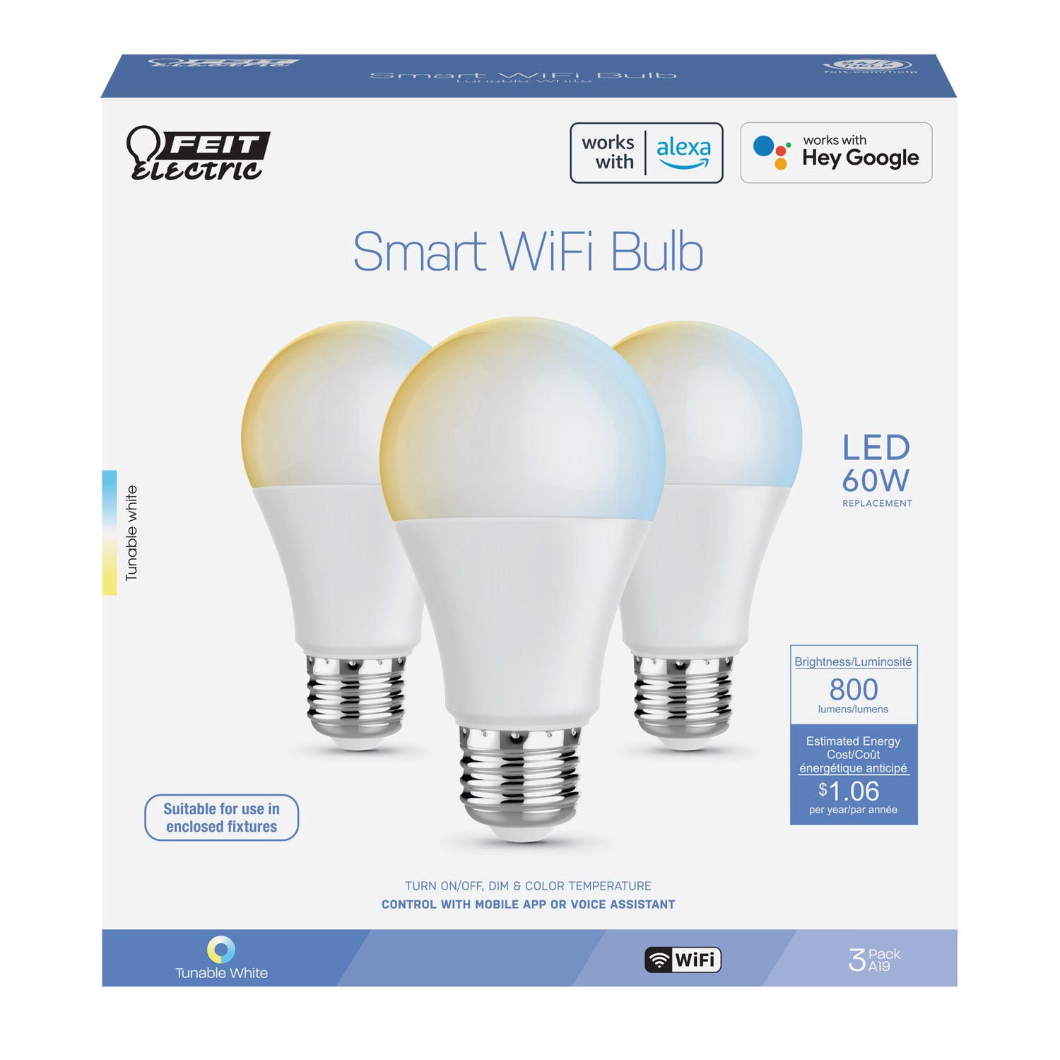 8.8W (60W Replacement) Tunable White E26 Base A19 Smart WiFi LED Light Bulb (3-Pack)