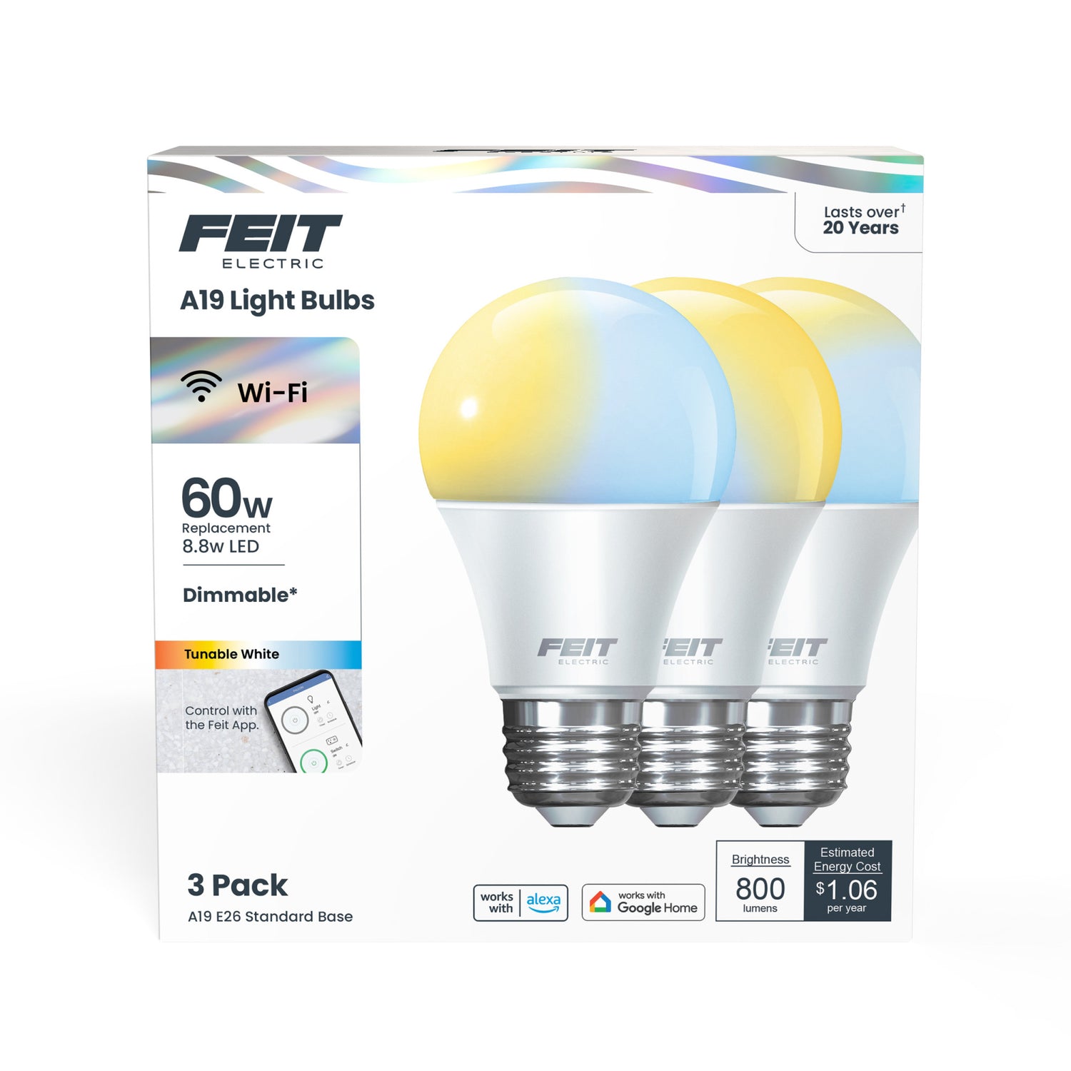 8.8W (60W Replacement) Tunable White E26 Base A19 Smart WiFi LED Light Bulb (3-Pack)