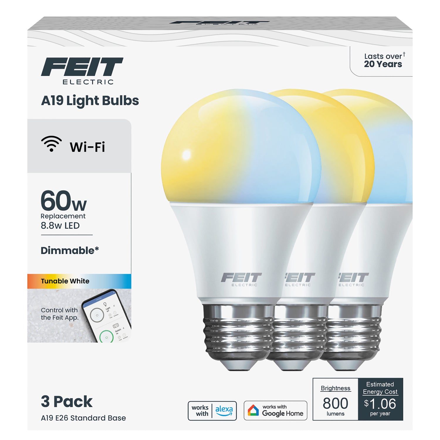 8.8W (60W Replacement) Tunable White E26 Base A19 Smart WiFi LED Light Bulb (3-Pack)