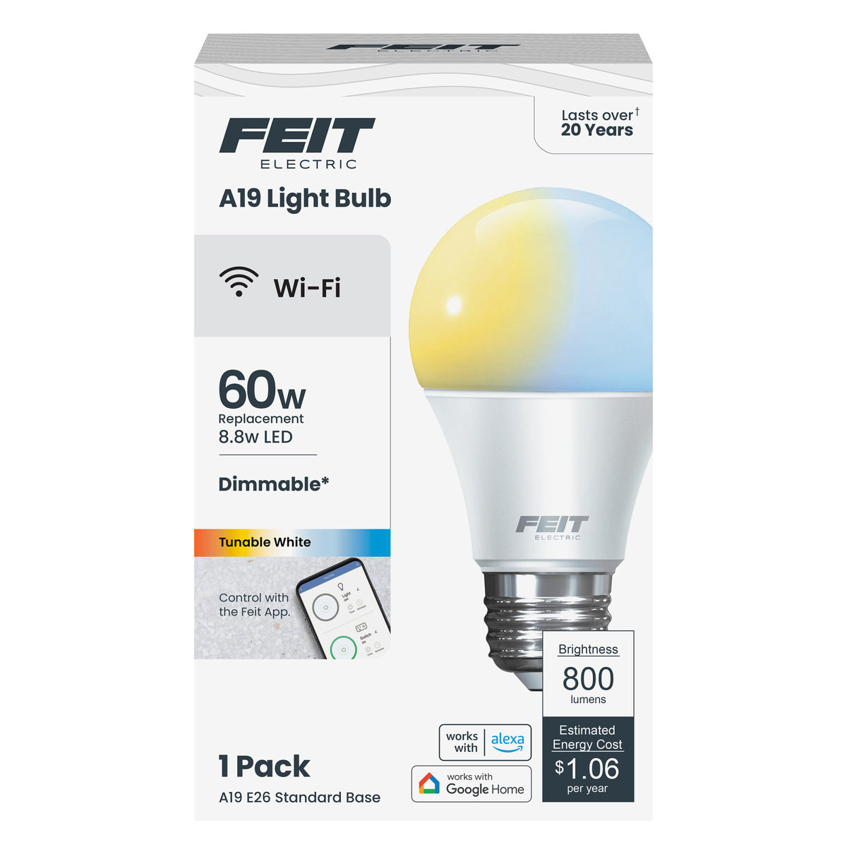 8.8W (60W Replacement) Tunable White E26 Base A19 Smart WiFi LED Light Bulb