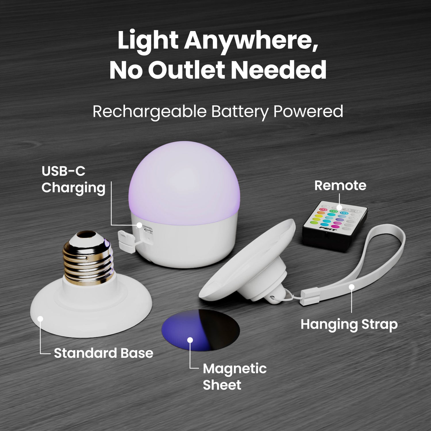 Portable Rechargeable Color LED Light with Remote, 3 Mounting Options, USB-C Charging