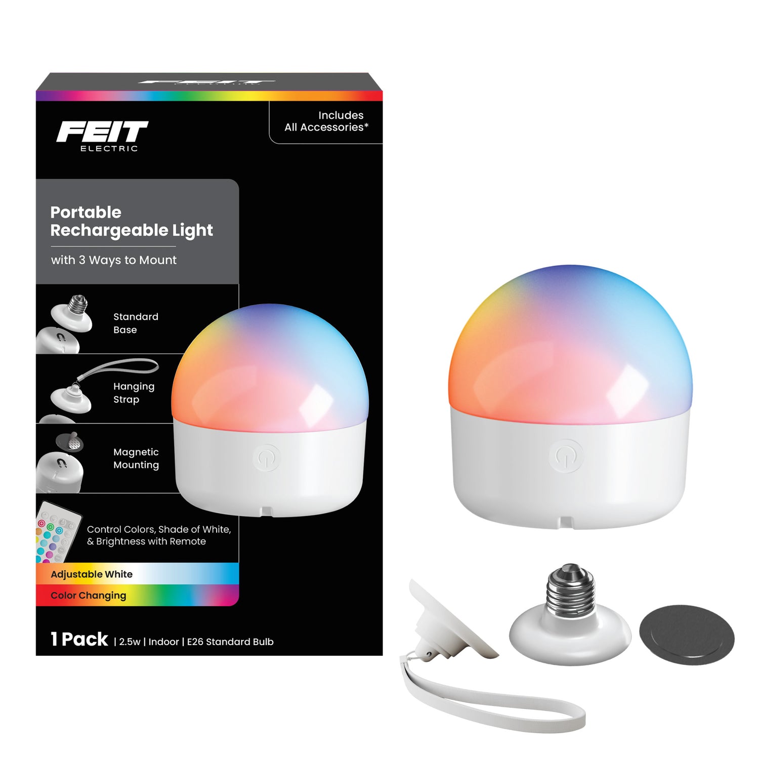 Portable Rechargeable Color LED Light with Remote, 3 Mounting Options, USB-C Charging