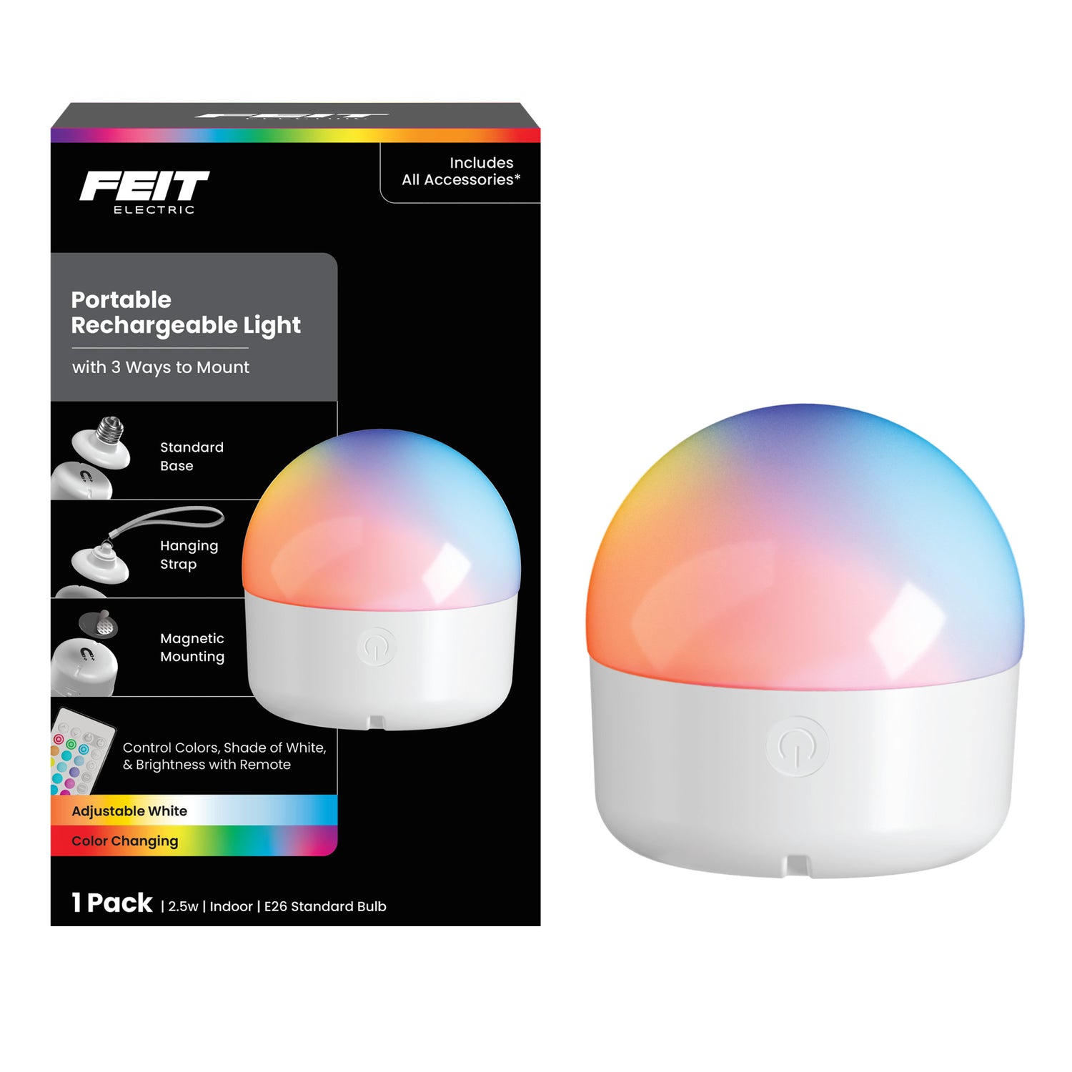 Portable Rechargeable Color LED Light with Remote, 3 Mounting Options, USB-C Charging