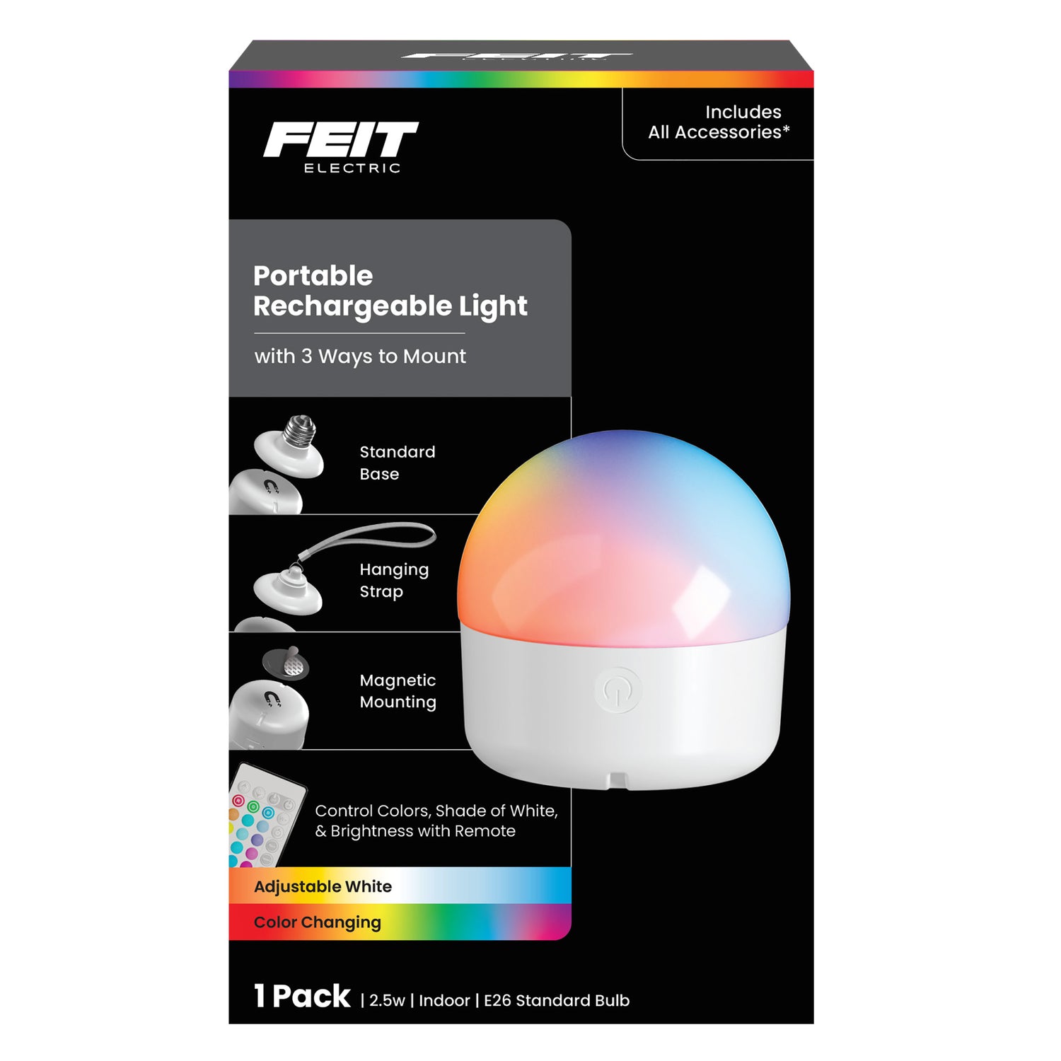 Portable Rechargeable Color LED Light with Remote, 3 Mounting Options, USB-C Charging