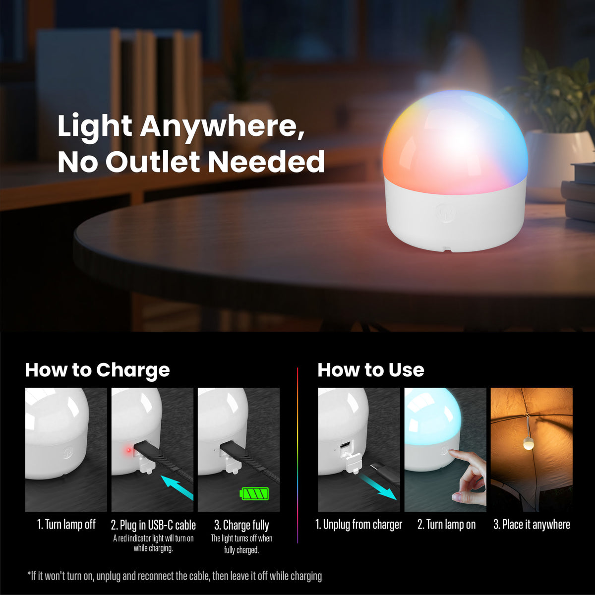 Portable Rechargeable Color LED Light with Remote, 3 Mounting Options, USB-C Charging