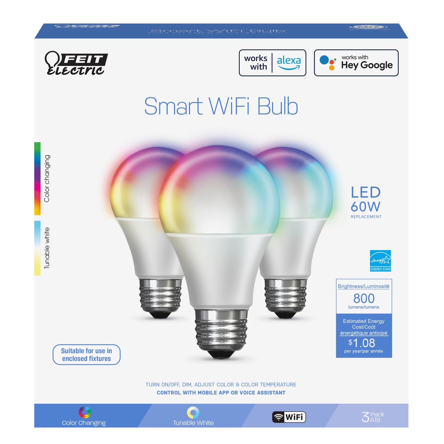 9W (60W Replacement) Color Changing A19 Dimmable Alexa Google Smart Wi-Fi Bulb (3-Pack)