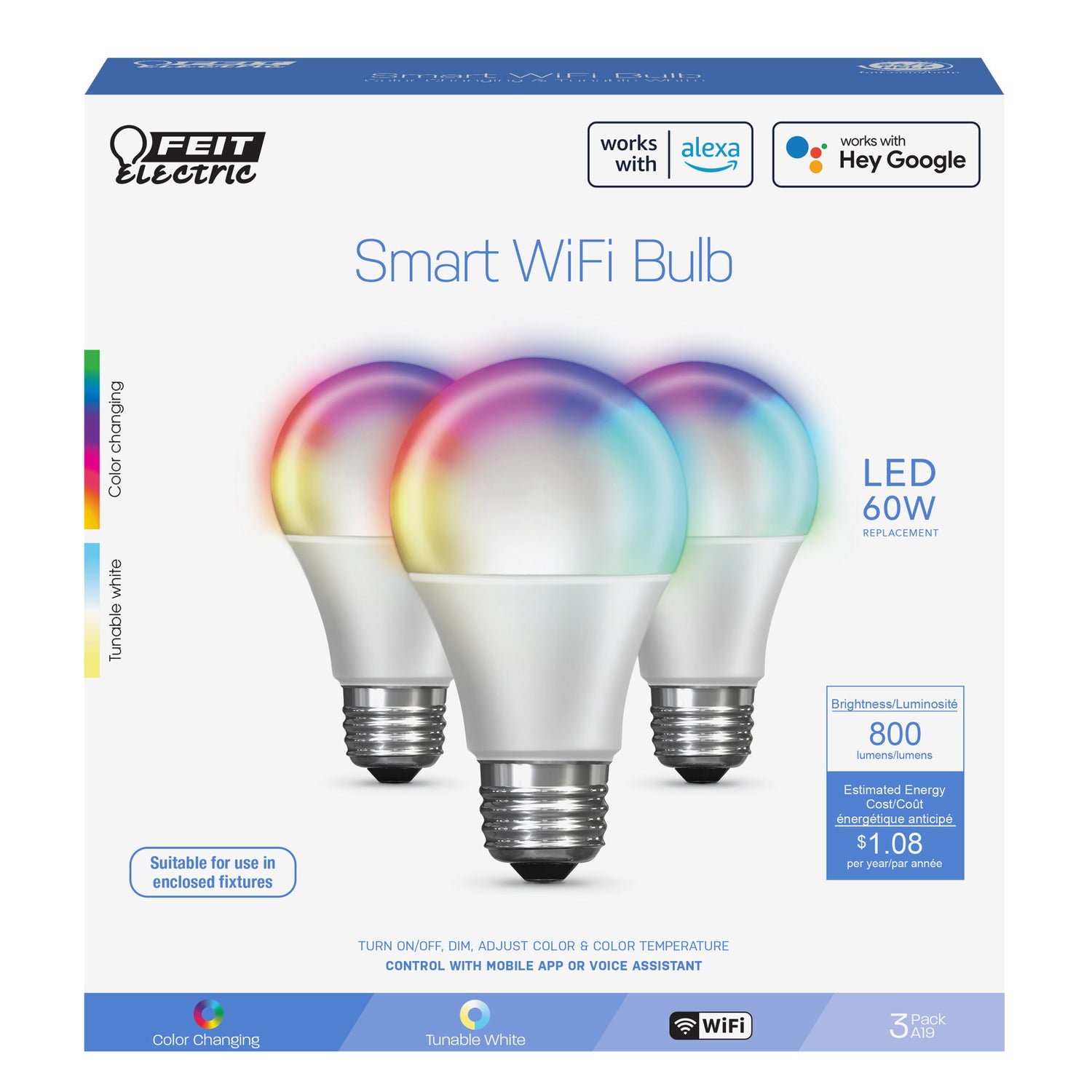 9W (60W Replacement) Color Changing A19 Dimmable Alexa Google Smart Wi-Fi Bulb (3-Pack)