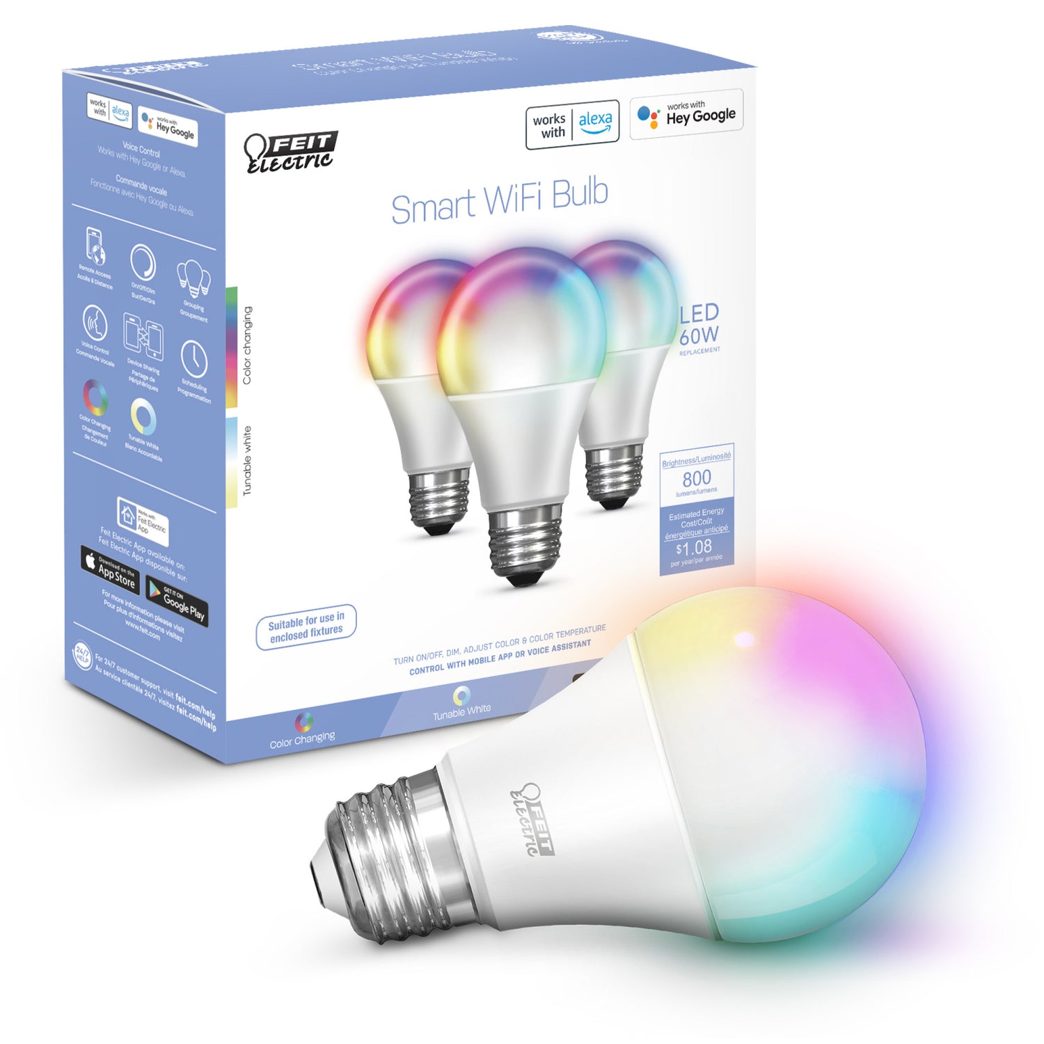 9W (60W Replacement) Color Changing A19 Dimmable Alexa Google Smart Bulb (3-Pack)