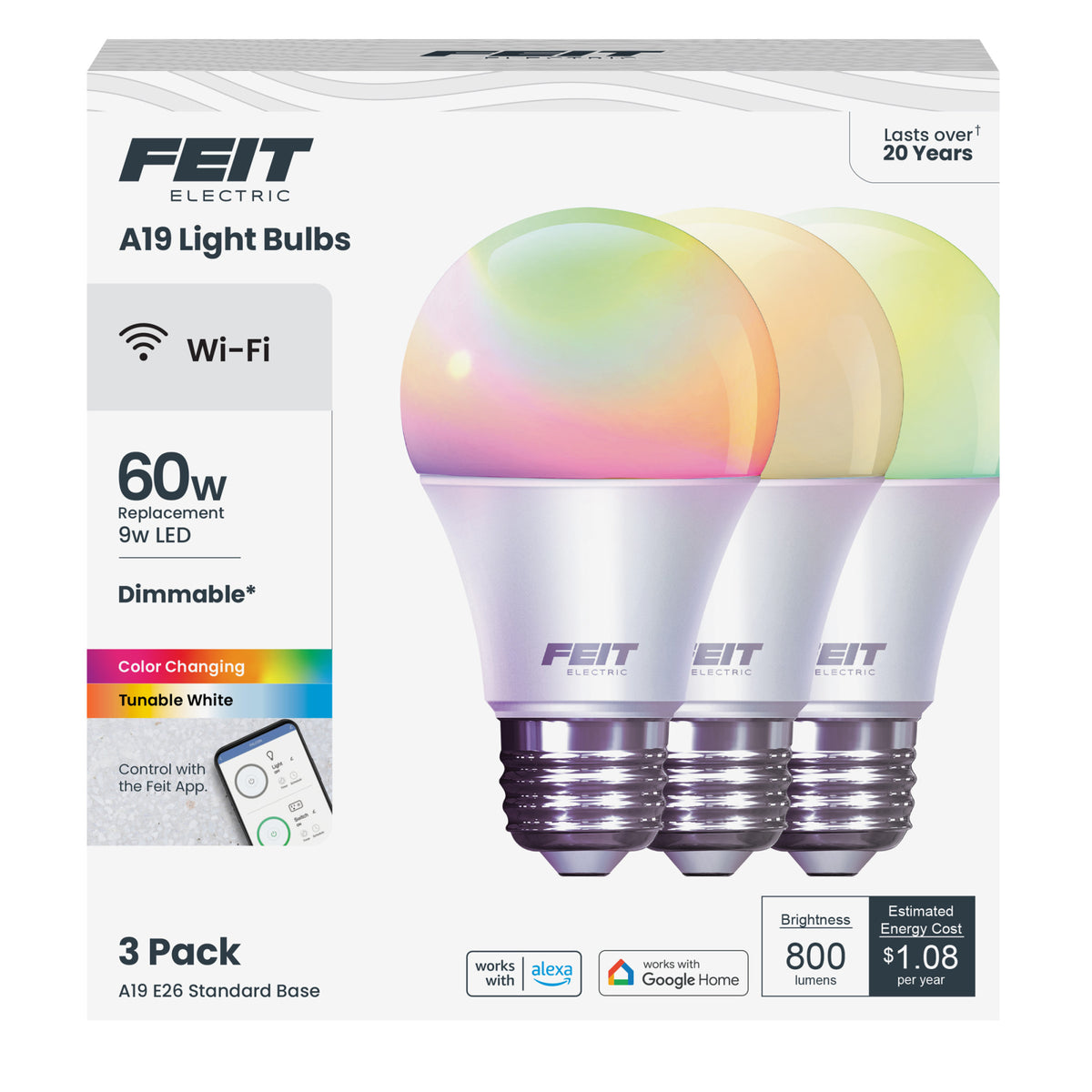 9W (60W Replacement) Color Changing A19 Dimmable Alexa Google Smart Bulb (3-Pack)