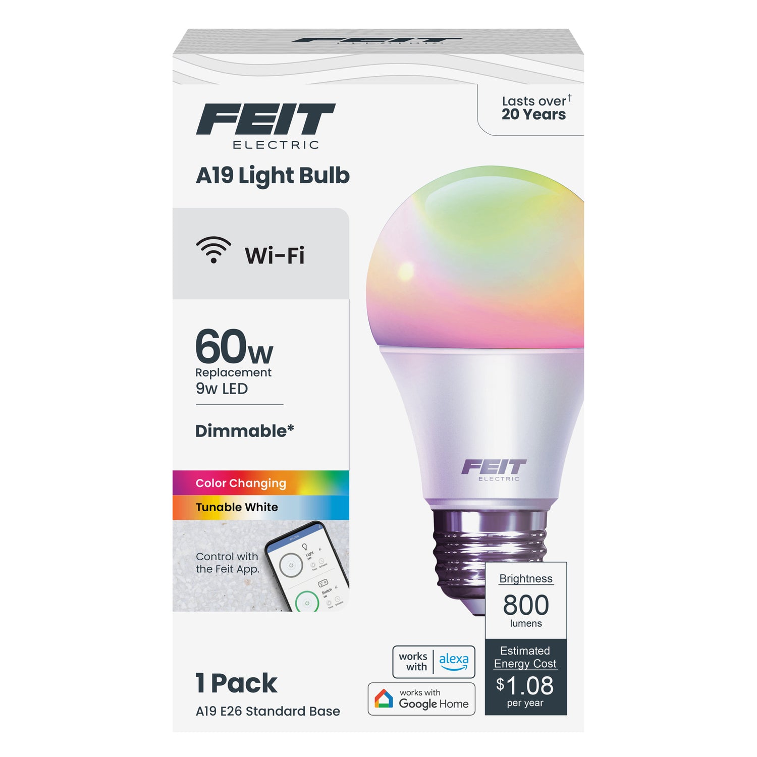 9W (60W Replacement) Color Changing + White A19 Smart Wi-Fi LED Light Bulb