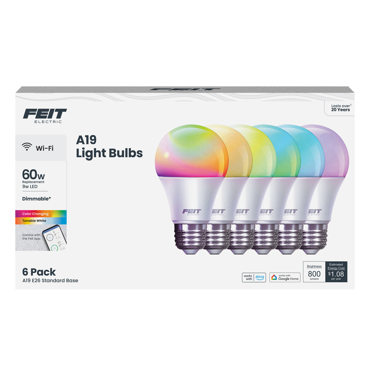 9W (60W Replacement) Color Changing RGBW A19 Alexa Google Smart Bulb (6-Pack)