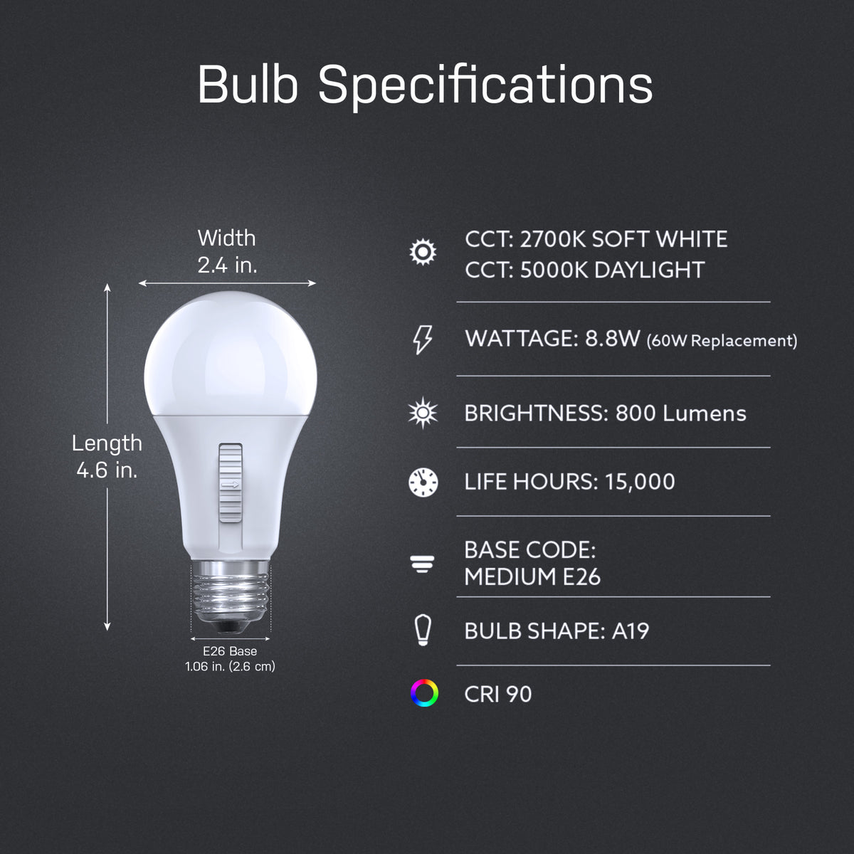 8.8W (60W Replacement) Adjustable White A19 Timer LED Bulb