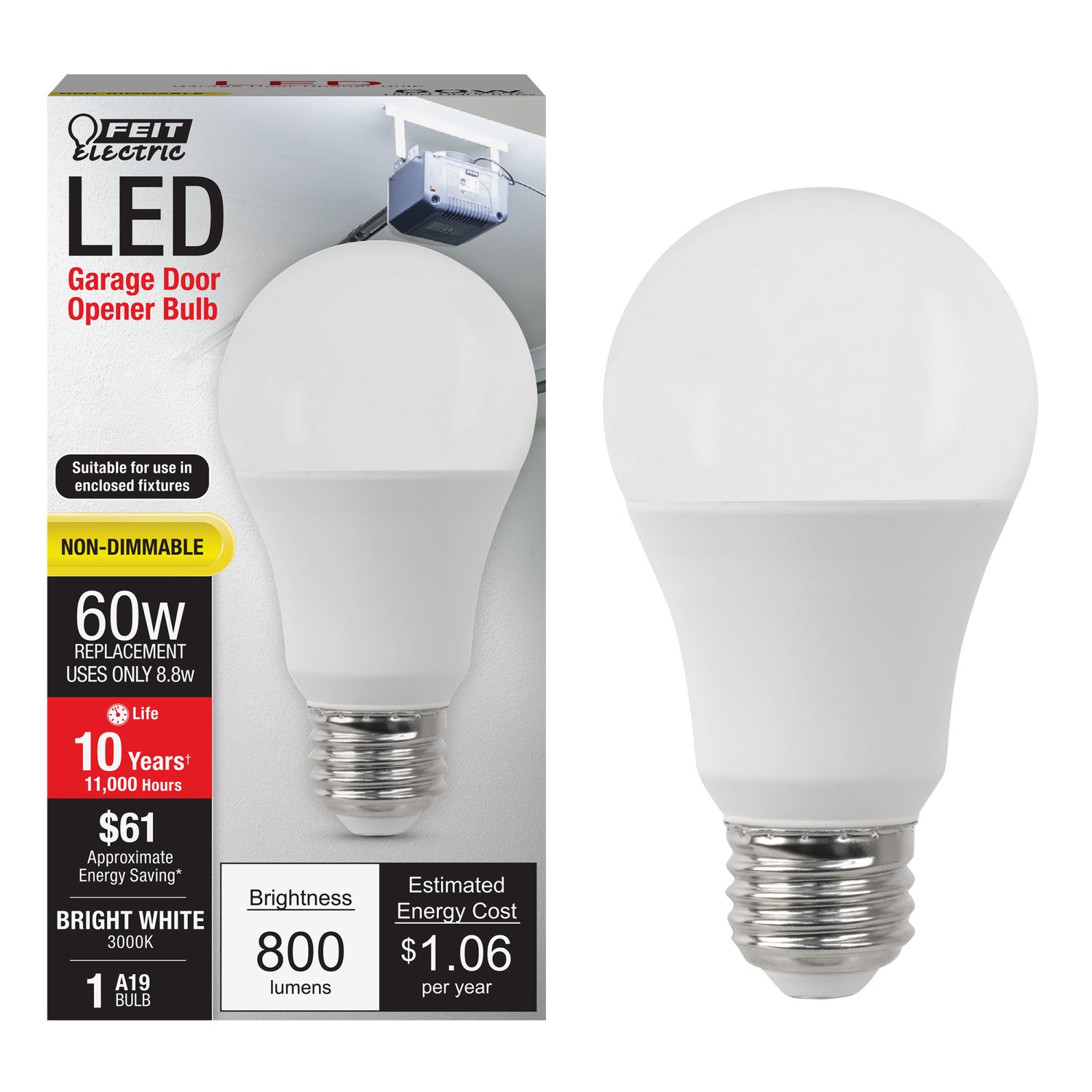 8.8W (60W Replacement) Bright White (3000K) A19 Garage Bulb LED
