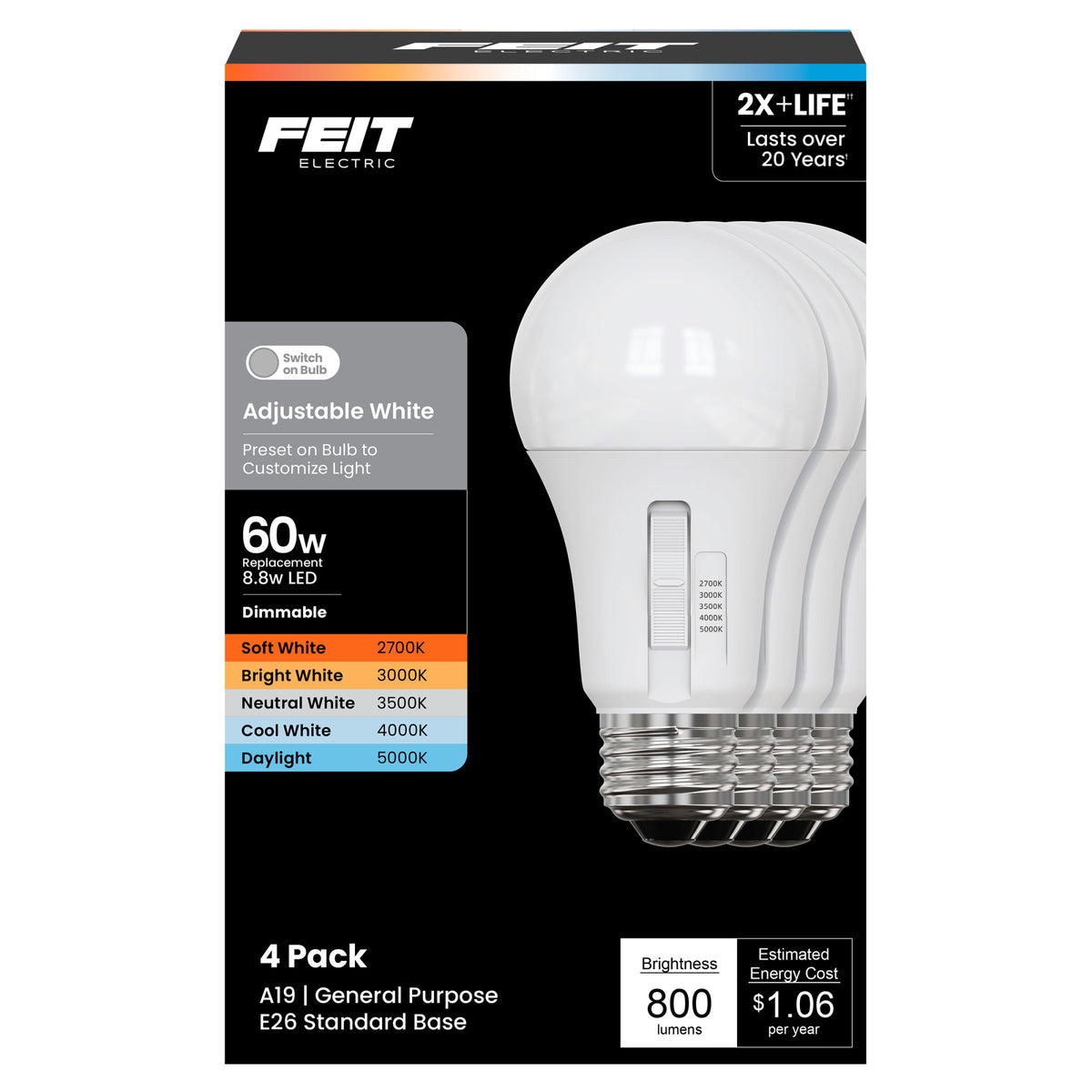 8.8W (60W Replacement) Adjustable White A19 E26 Base Dimmable General-Purpose LED Bulb (4-Pack)