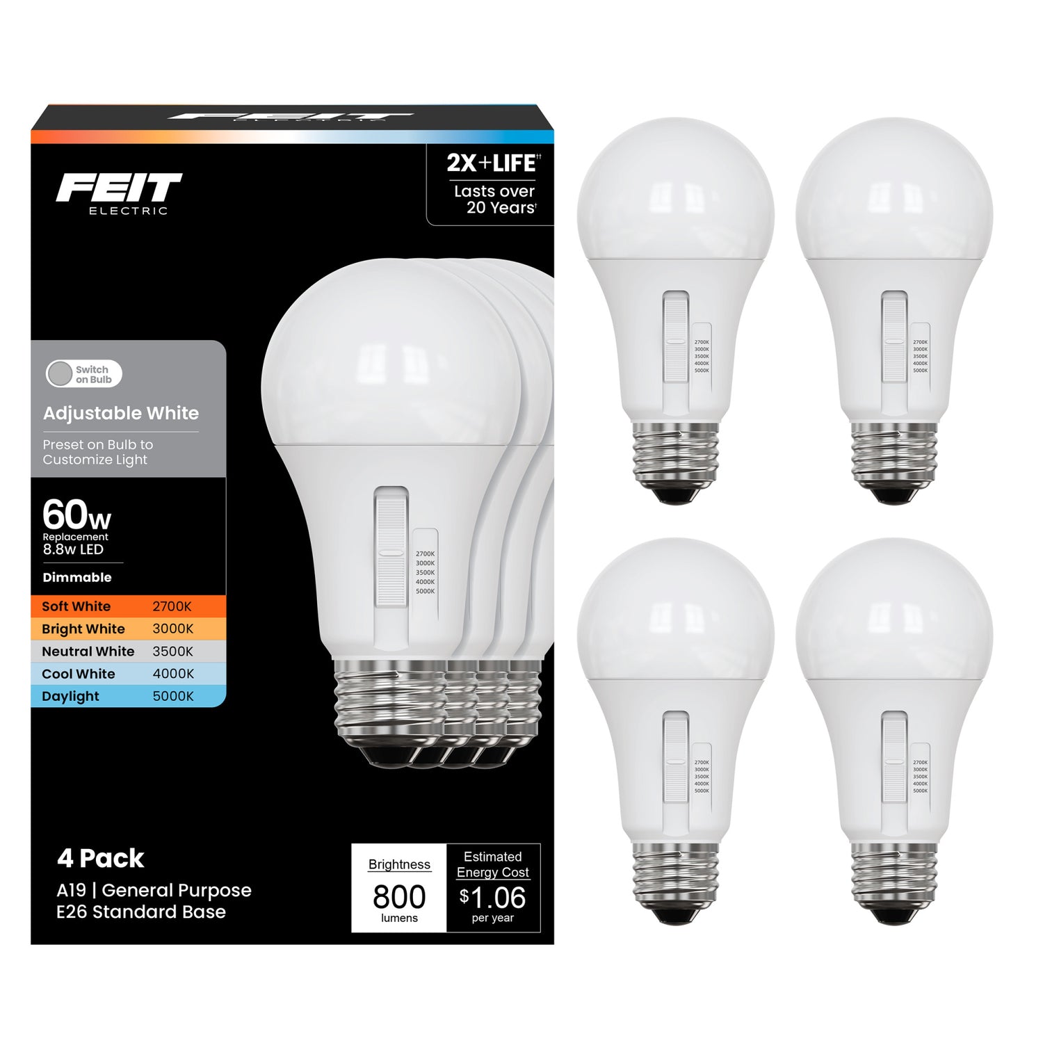 8.8W (60W Replacement) Selectable White A19 E26 Base Dimmable General-Purpose LED Bulb (4-Pack)