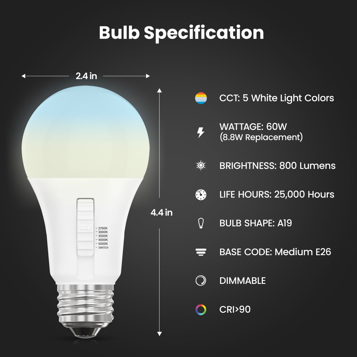8.8W (60W Replacement) Adjustable White Dimmable A19 Light Bulb  with Switch Mode (2-Pack)