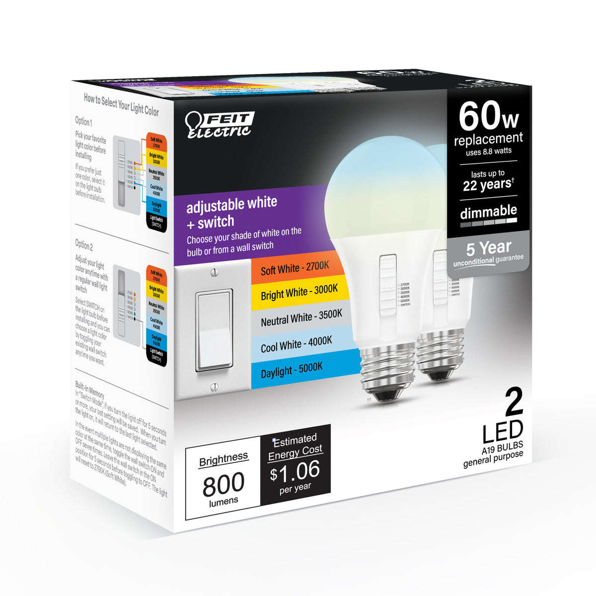 8.8W (60W Replacement) Adjustable White Dimmable A19 Light Bulb  with Switch Mode (2-Pack)