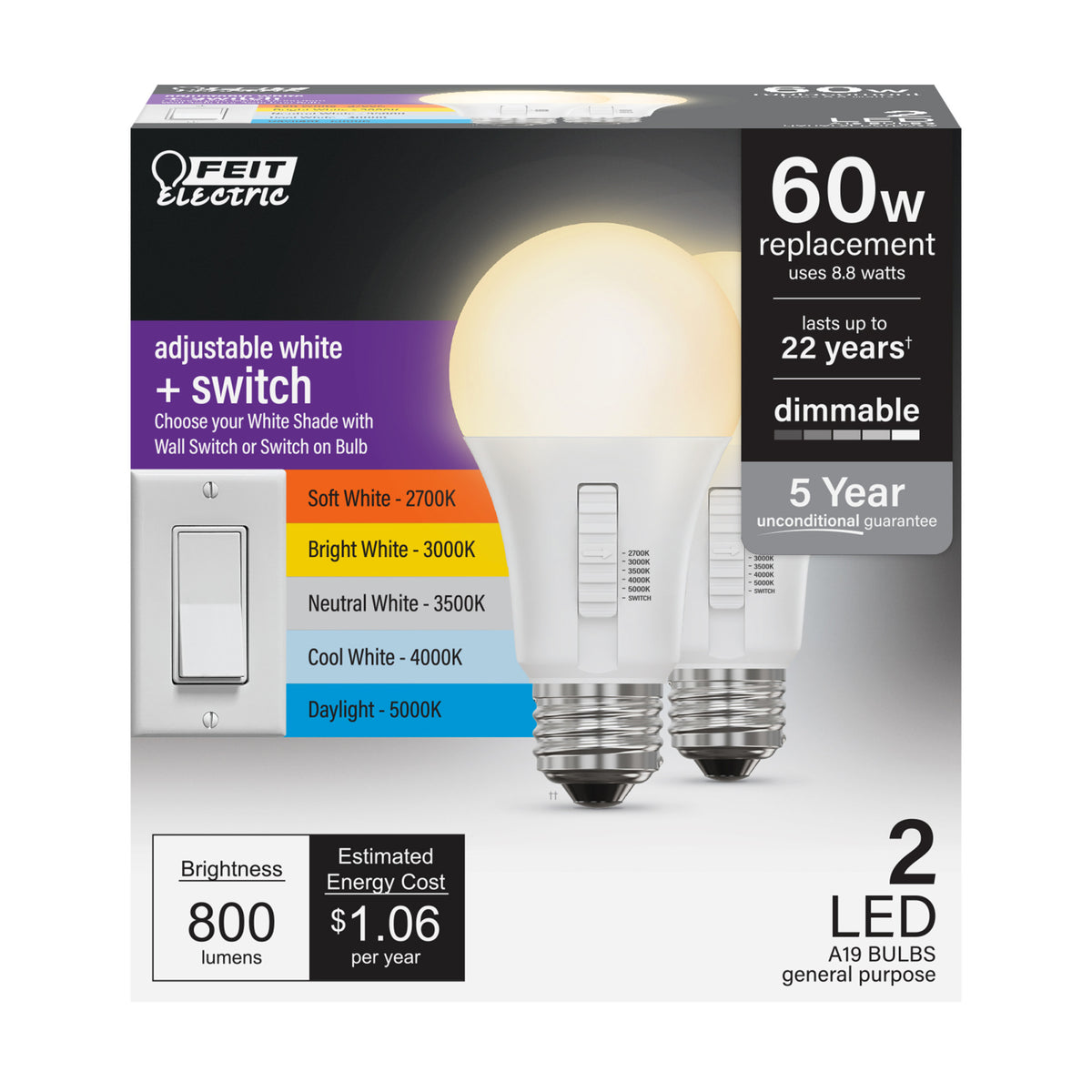 8.8W (60W Replacement) Adjustable White Dimmable A19 Light Bulb  with Switch Mode (2-Pack)