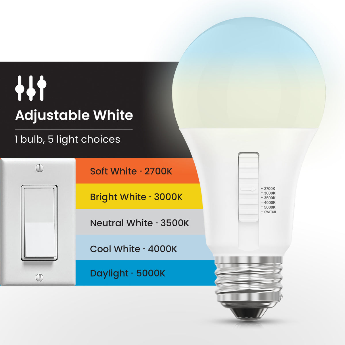 8.8W (60W Replacement) Adjustable White Dimmable A19 Light Bulb  with Switch Mode (2-Pack)