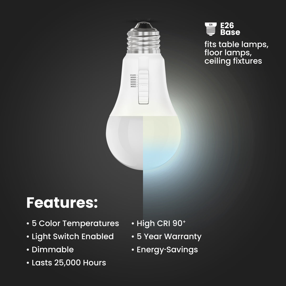 8.8W (60W Replacement) Adjustable White Dimmable A19 Light Bulb  with Switch Mode (2-Pack)