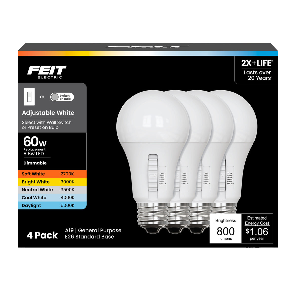 8.8W (60W Replacement) Adjustable White Dimmable A19 Light Bulb  with Switch Mode (4-Pack)