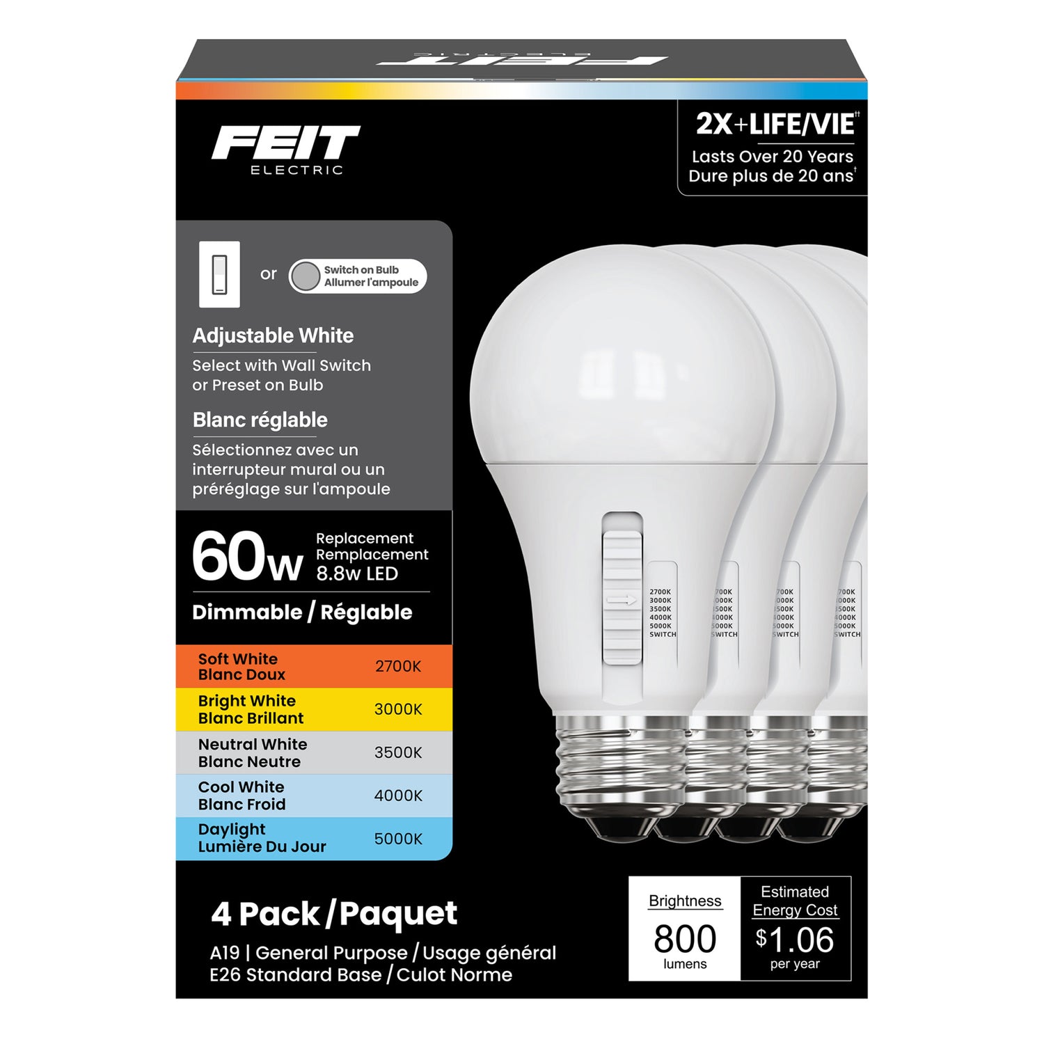 8.8W (60W Replacement) Adjustable White Dimmable A19 Light Bulb (4-Pack)