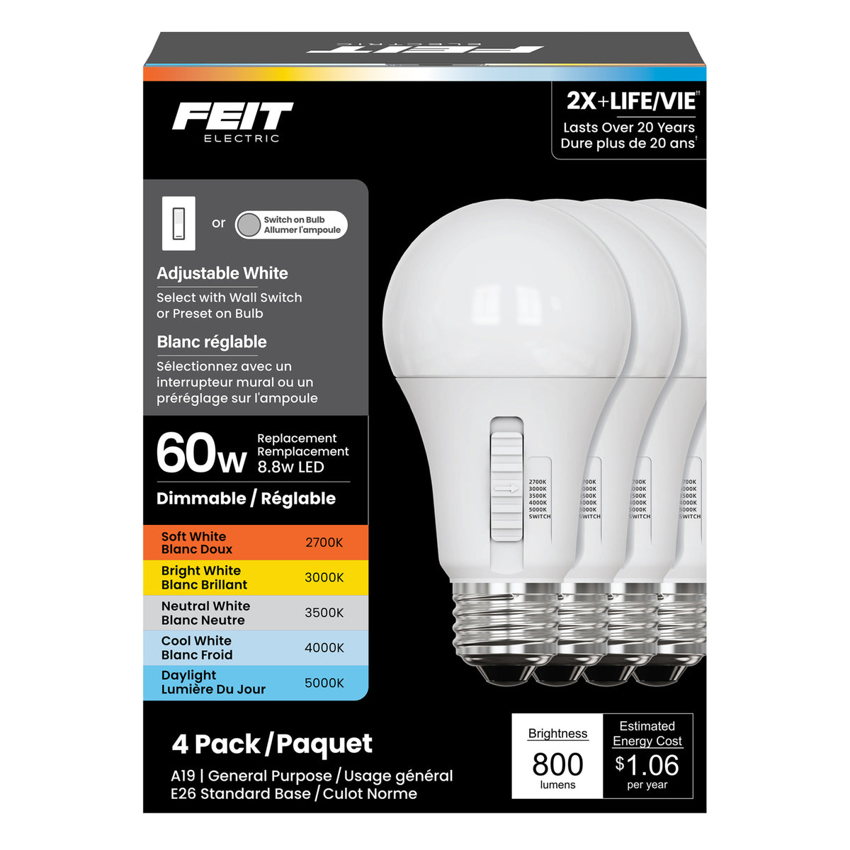 8.8W (60W Replacement) Adjustable White Dimmable A19 Light Bulb  with Switch Mode (4-Pack)
